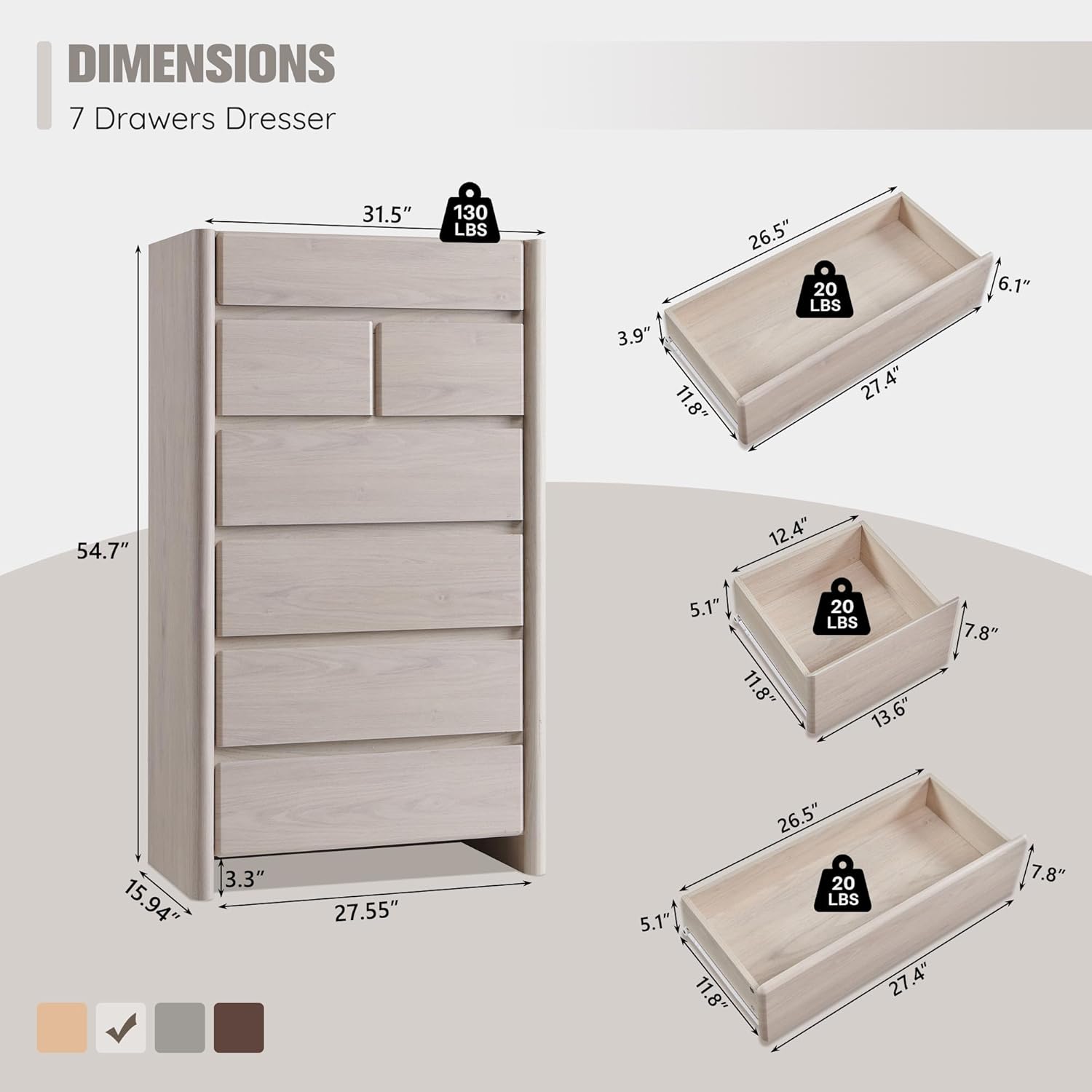 Modern 7 Drawers Dresser for Bedroom, 54.7