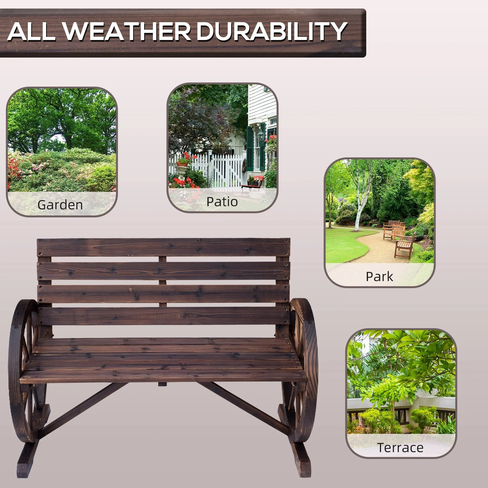 Outsunny Wooden Wagon Wheel Bench, 2-Person, Fir Wood, Carbonized, 41.5in L x 23.25in W x 29.5in H - 84B-183 - Image 7 Outsunny Wooden Wagon Wheel Bench, 2-Person, Fir Wood, Carbonized, 41.5in L x 23.25in W x 29.5in H - 84B-183 - Image 7