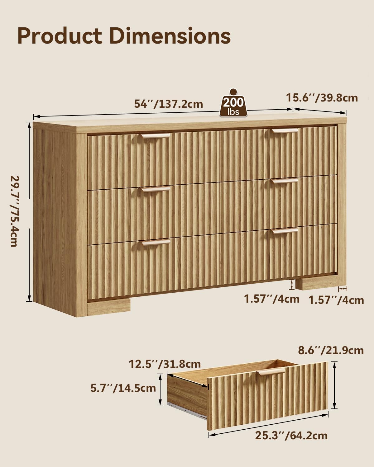 Fluted 6 Drawer Dresser for Bedroom, 54