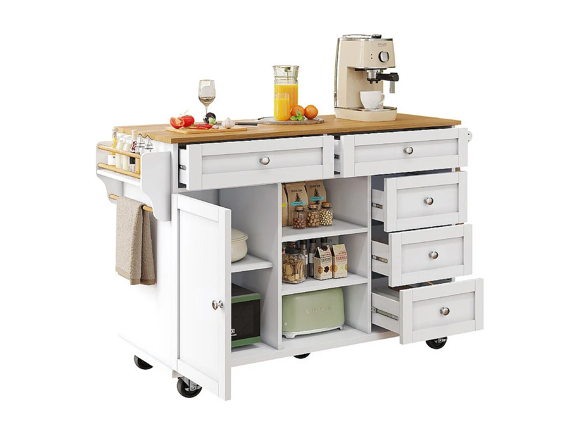 Ilot central de cuisine avec 5 tiroirs 3 niches et 1 porte, avec pieds de support fixe et roulettes, 134x46x92cm - Blanc