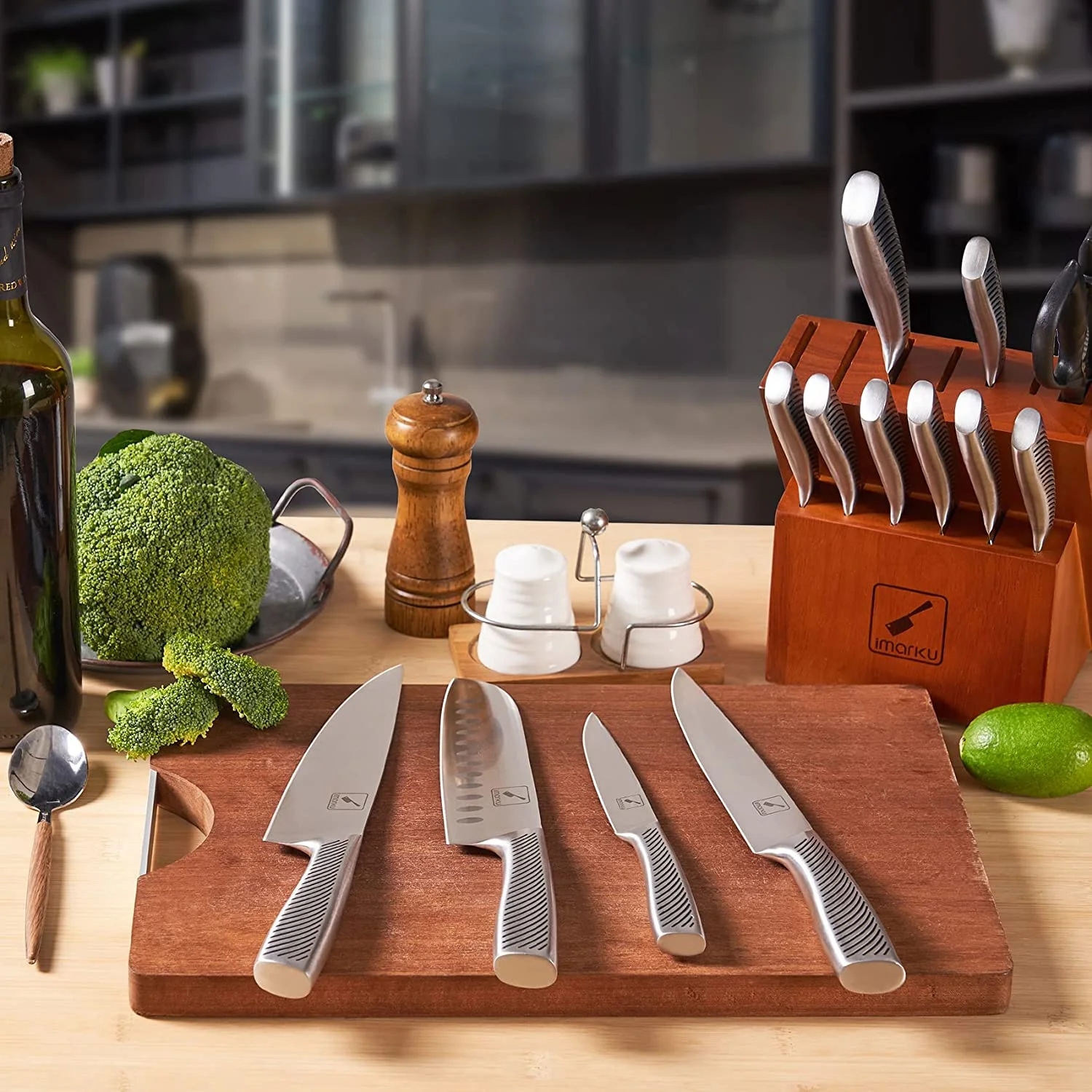 imarku | 14-Piece Knife Set High Carbon Japan Stainless Steel with Block and Sharpener