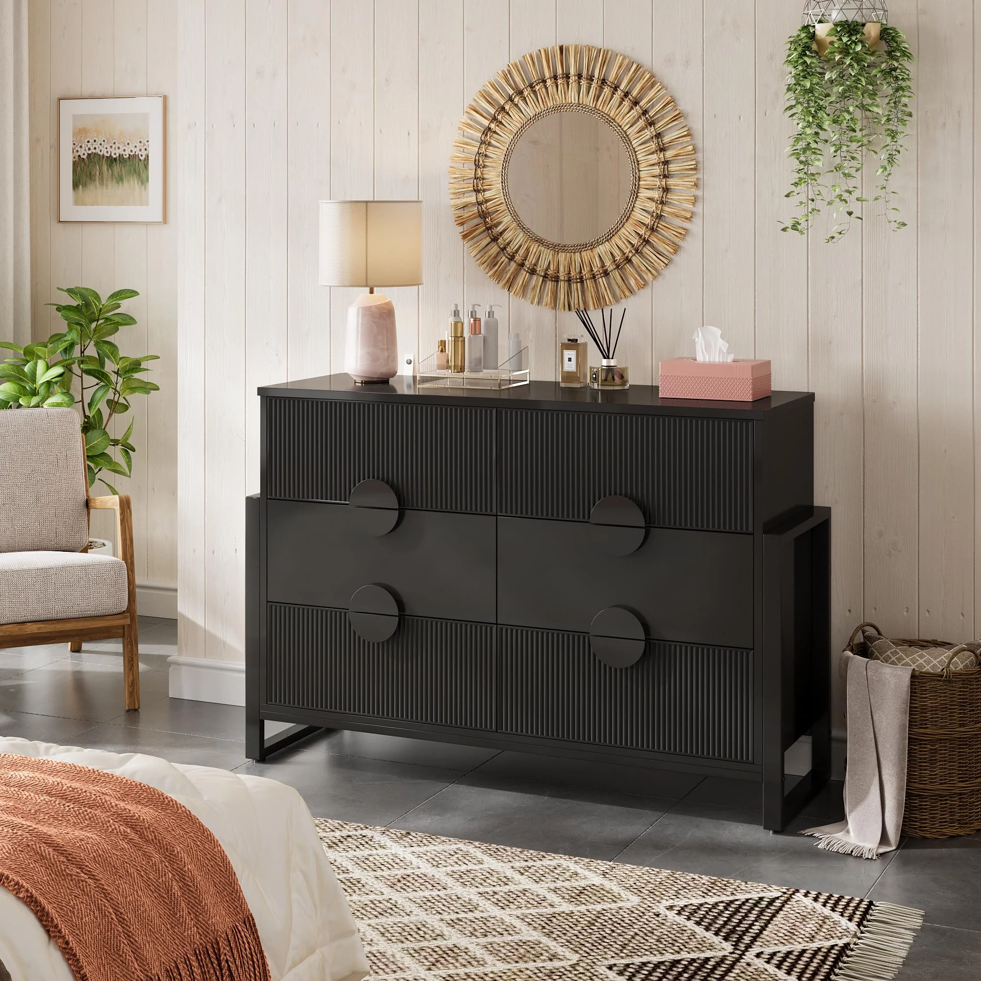 LGHM 3 Piece Bedroom Dresser and Nightstand Set, Fluted Wide Chest of Drawers, Bed Side Table End Table with LED Lights for Living Room, Black