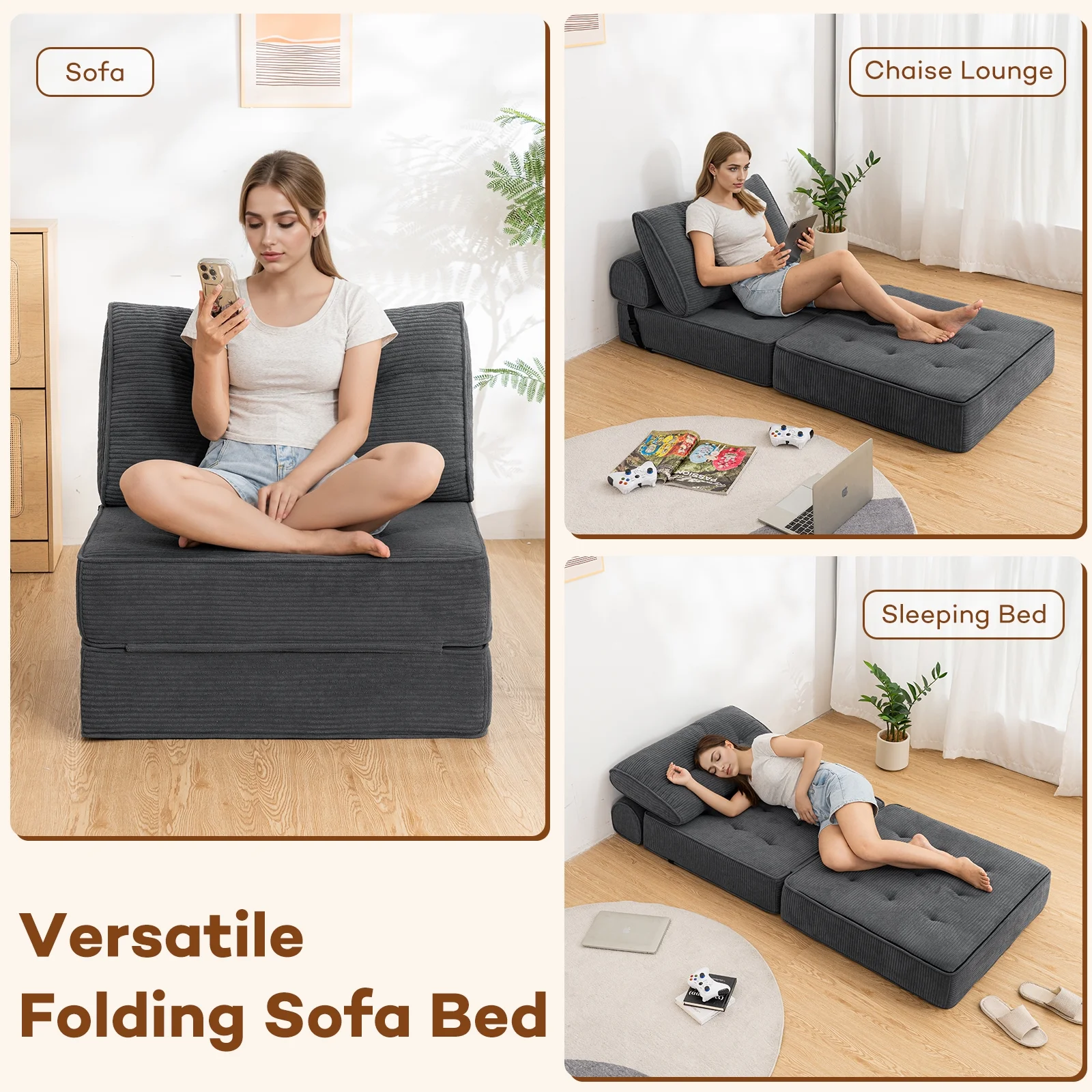 Hommpa Folding Sofa Bed Foldable Couch Bed Convertible Futon Chair with High Density Foam Filling with Pillow for Adult,Comfort chair bed for Living Room Bedroom,Gray,Single - Image 3