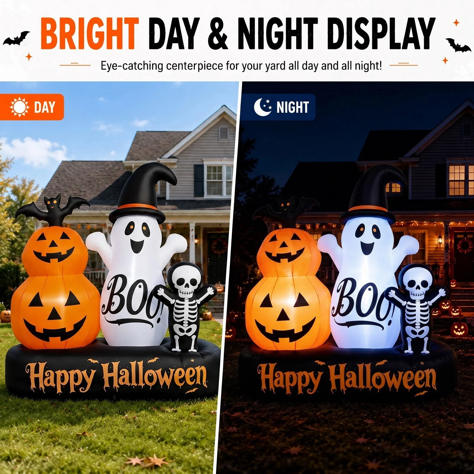 6ft Halloween Inflatable Outdoor Decorations, Lighted Pumpkin Ghost Skeleton with Bat, Built-in LED Lights, Blow Up Halloween Yard Decoration for Lawn, Porch & Party - Image 5 6ft Halloween Inflatable Outdoor Decorations, Lighted Pumpkin Ghost Skeleton with Bat, Built-in LED Lights, Blow Up Halloween Yard Decoration for Lawn, Porch & Party - Image 5