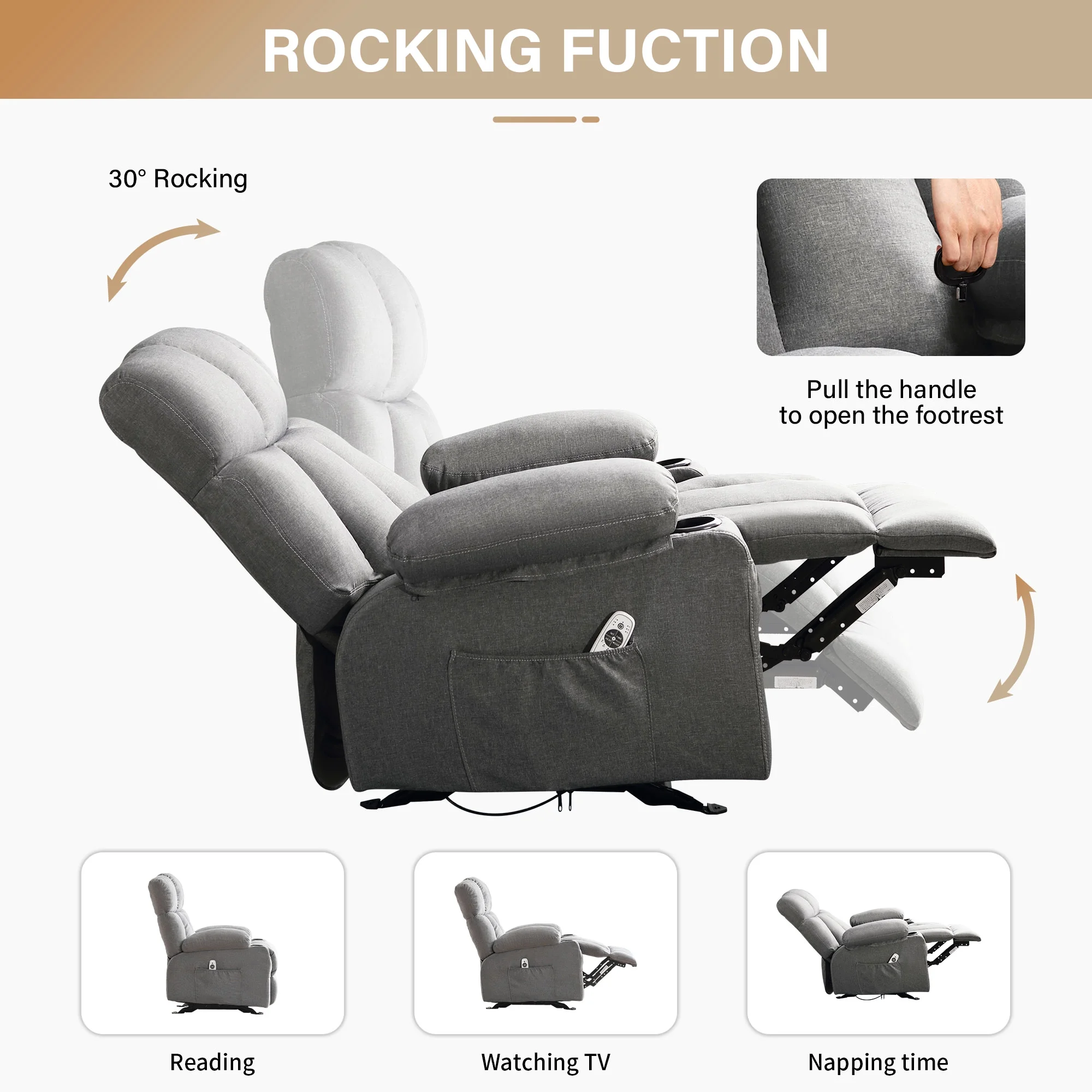 JONPONY Manual Recliner Chair with Heat Therapy and Massage Function, Heavy Duty Reclining Mechanism Massage Chair, Elderly Single Rocker Sofa with Cup Holders for Bedroom Home Theater,Grey - Image 8
