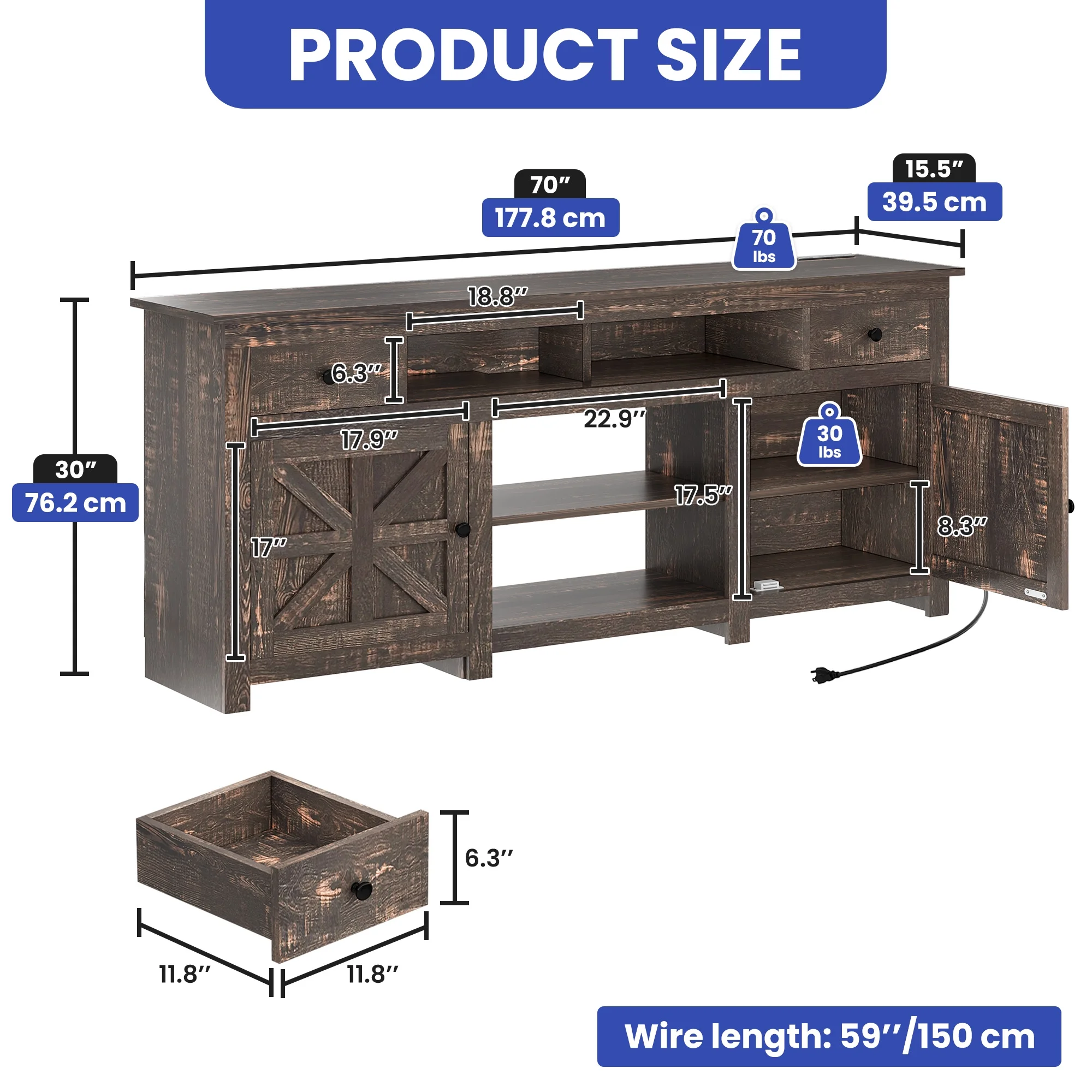 Uforic Farmhouse TV Stand for 75/80 Inch TV, Rustic Entertainment Center with Power Outlet, Storage Drawers, TV Console for Living Room, Oak - Image 10