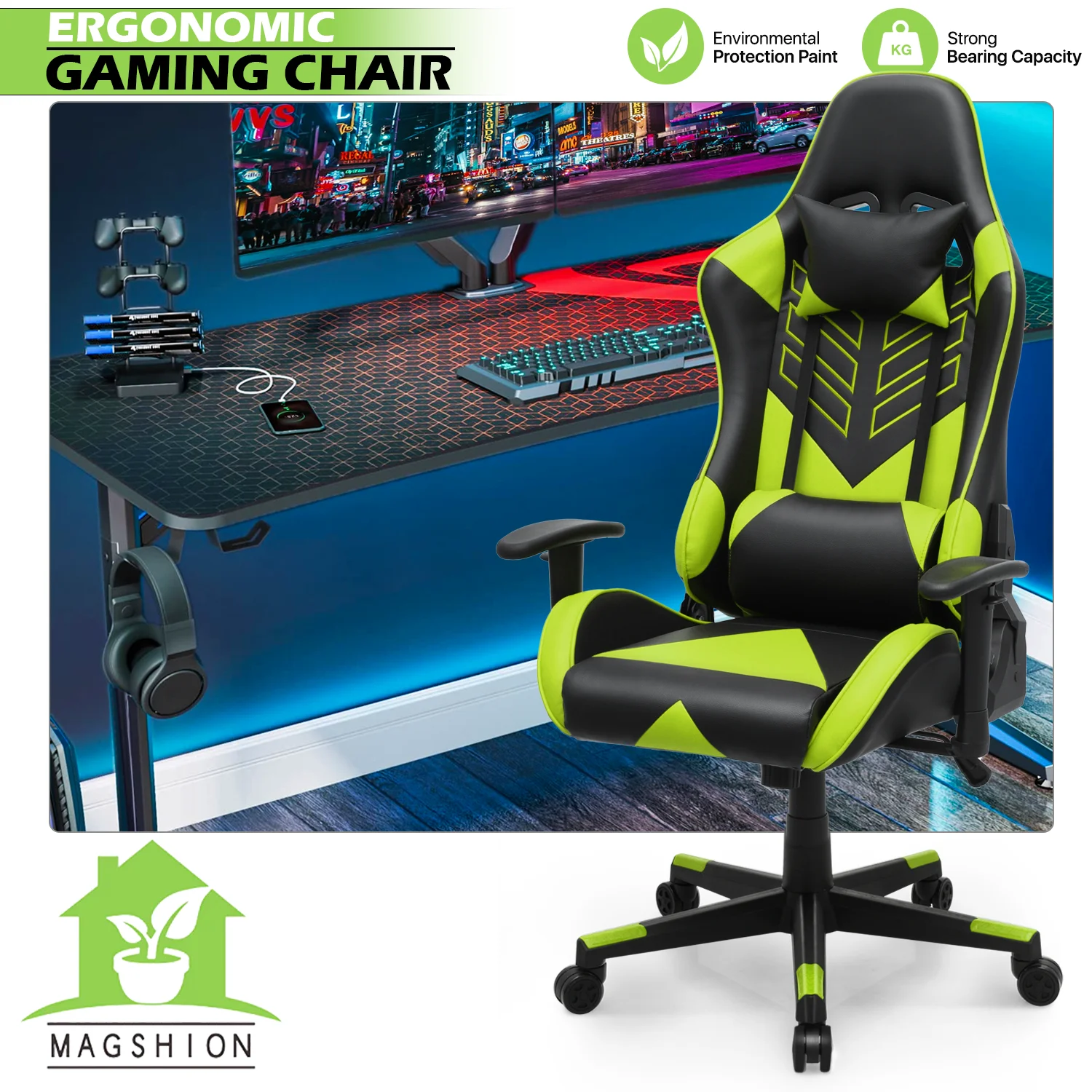 Magshion Ergonomic Gaming Chair, Comfortable Gaming Chair, Computer Chair Leather Desk Chair Adjustable Swivel Gaming Office Chair, Blue - Image 18