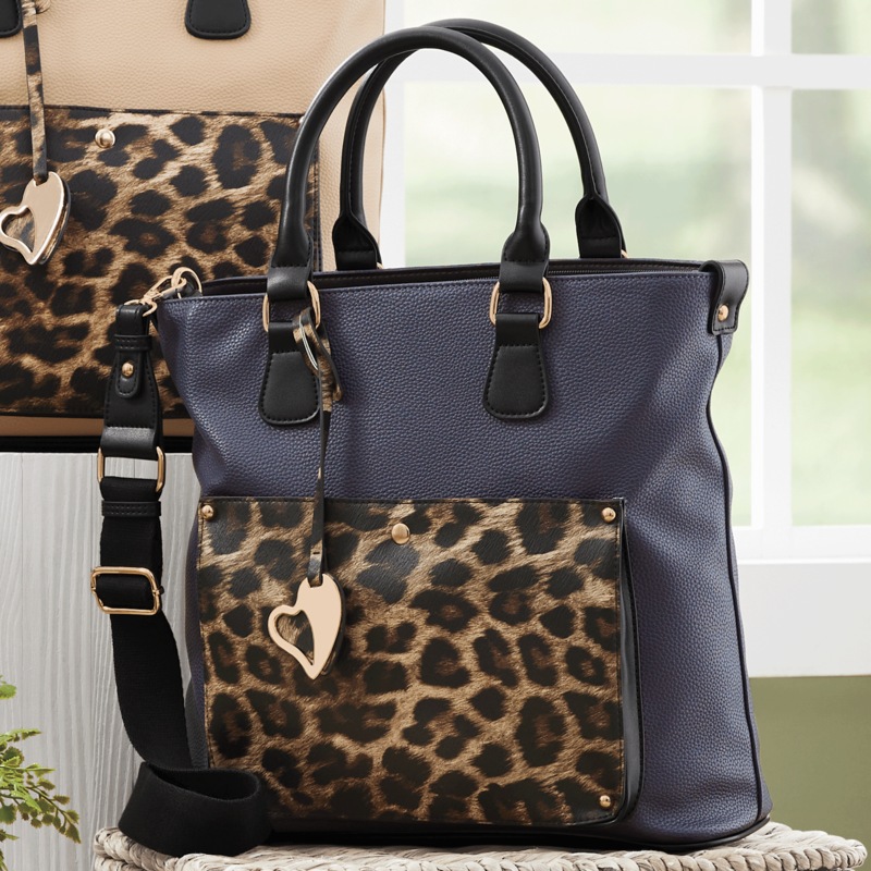 Tori II Faux Leather Tote with Leopard-Print Patch Pocket - MIDNIGHT VELVET CATALOG