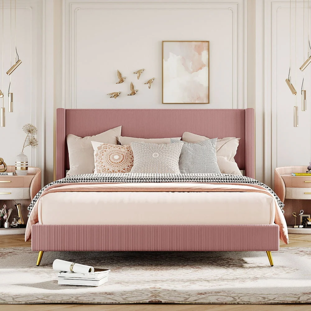 Queen Size Corduroy Platform Bed with Wingback Headboard,Wood Corduroy Platform Bed with Metal Legs and Slats Support,Upholstered Bed Frame for Kids Adult Bedroom,No Box Spring Needed,Pink