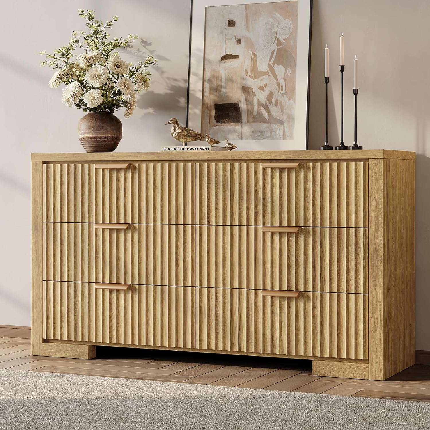 Fluted 6 Drawer Dresser for Bedroom, 54