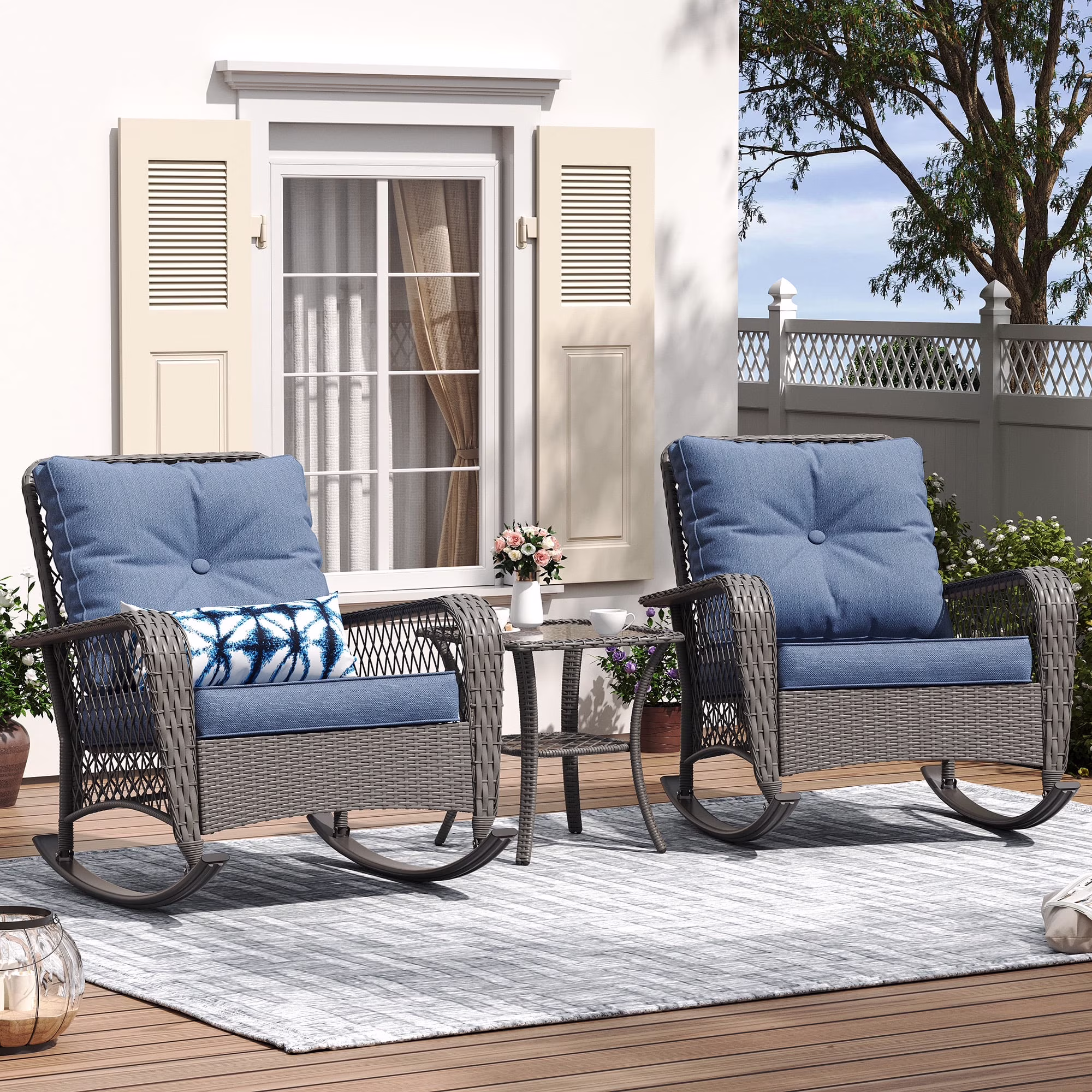 ELPOSUN 3-Piece Outdoor Rocking Chairs, Wicker Patio Furniture with Thickened Cushions and Table for Porch - Image 3