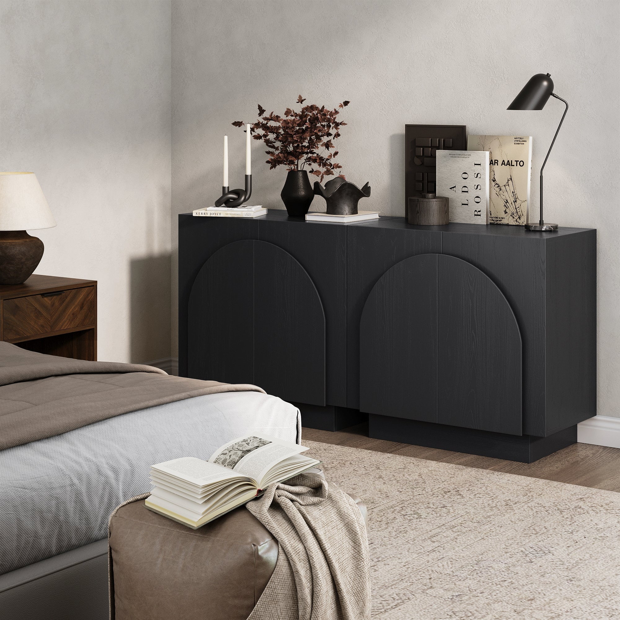 Nathan James Iris Mid-Century Modern Credenza, Black Sideboard Buffet, Living Room Wood Storage Cabinet with Arched Cabinet Doors, Black Credenza Cabinet for Kitchen or Living Room, Black Oak - Image 2