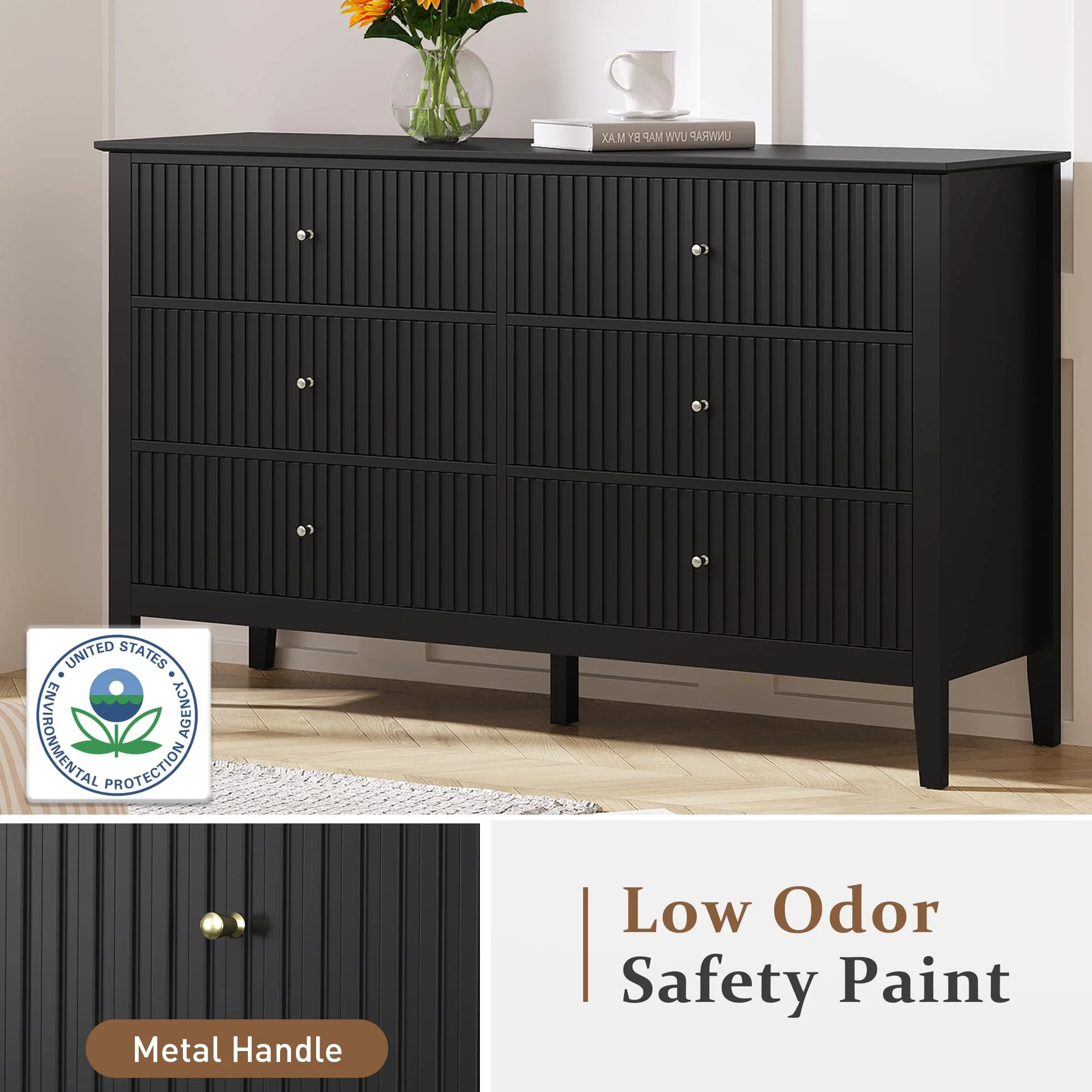 Heynemo Beige 6 Drawer Dresser, Fluted Modern Wood Chest - Image 91