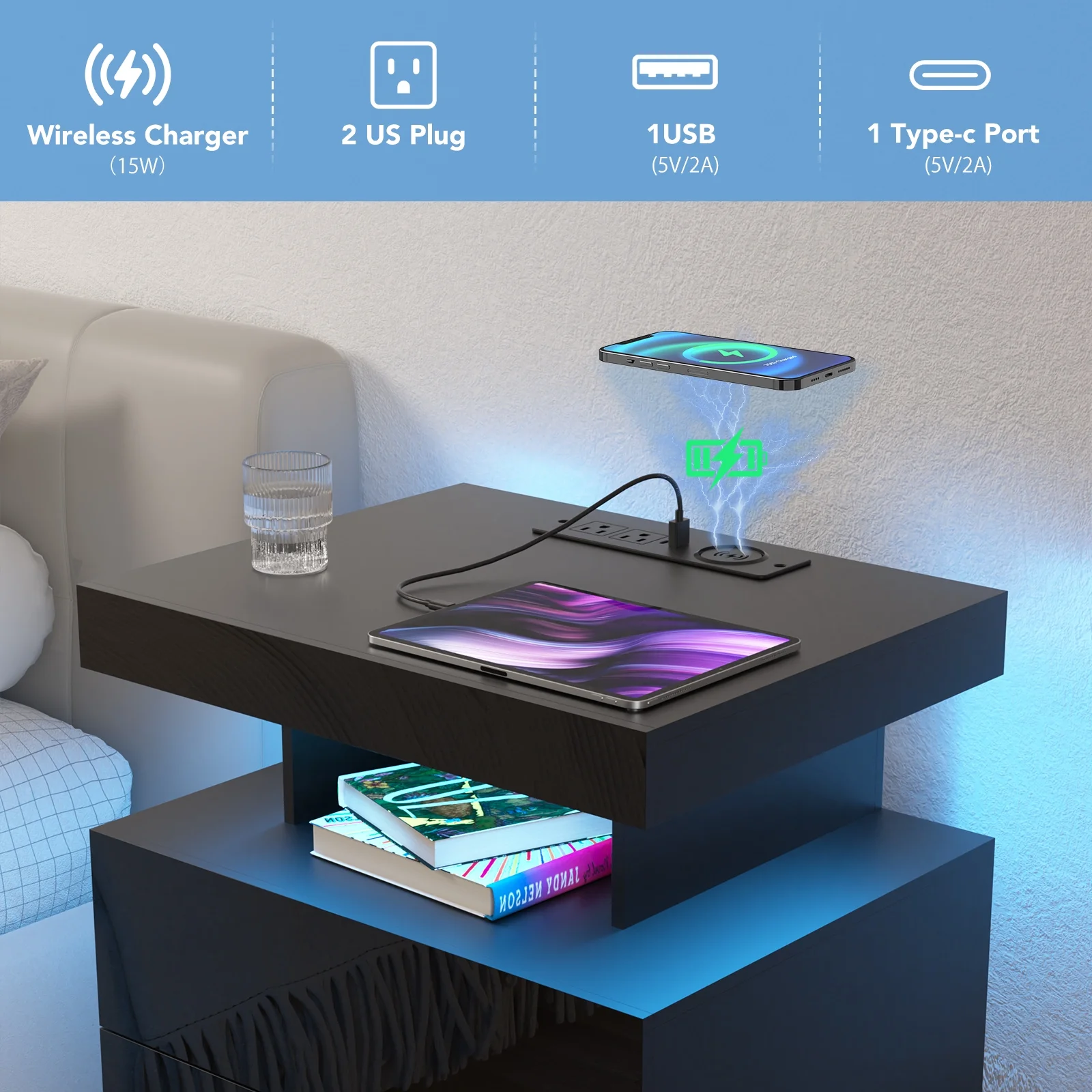 Hommpa LED Nightstand Wireless Charging Station USB Type C Outlets Bedside Table 3 Drawers Black Night Table Modern Smart Nightstand High Gloss End Side Table for Bedroom Furniture 26.8" Tall - Image 2