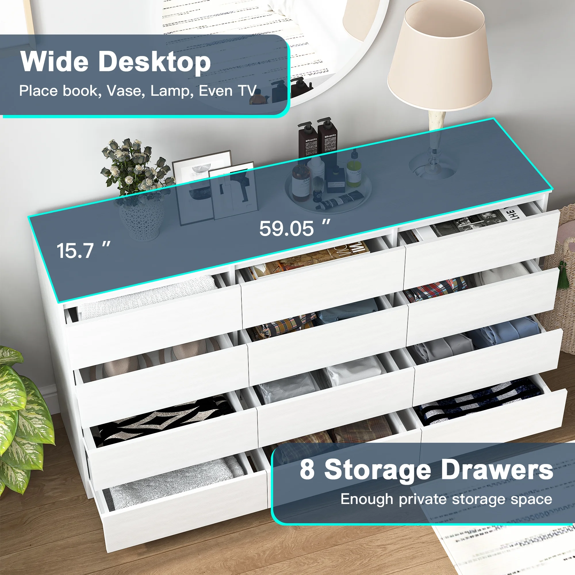 Kadyn White Chest of Drawer, 6 Double Drawer Dresser for Bedroom, Modern Storage Cabinet for Living Room, Dresser - Image 52