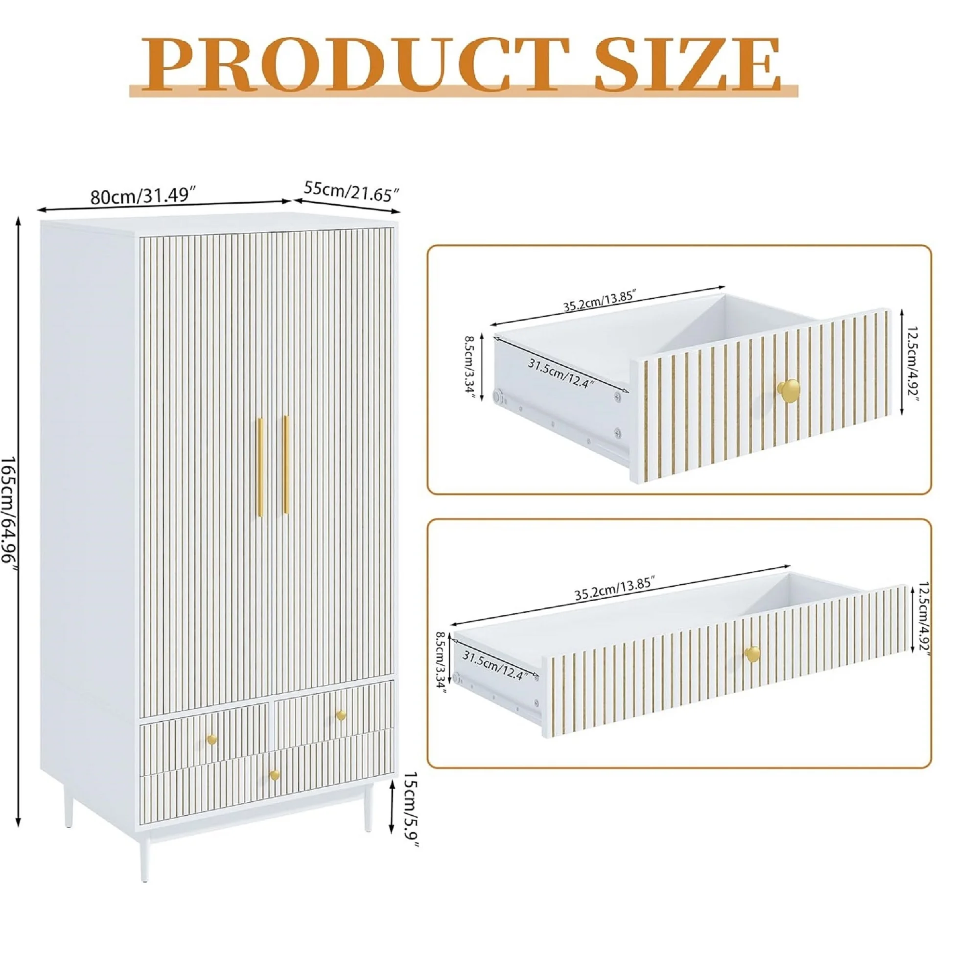 Armoire Wardrobe Closet with 2 Doors, Wardrobe Cabinet with Hanging Rod and Drawers, Wooden Closet for Bedroom, White