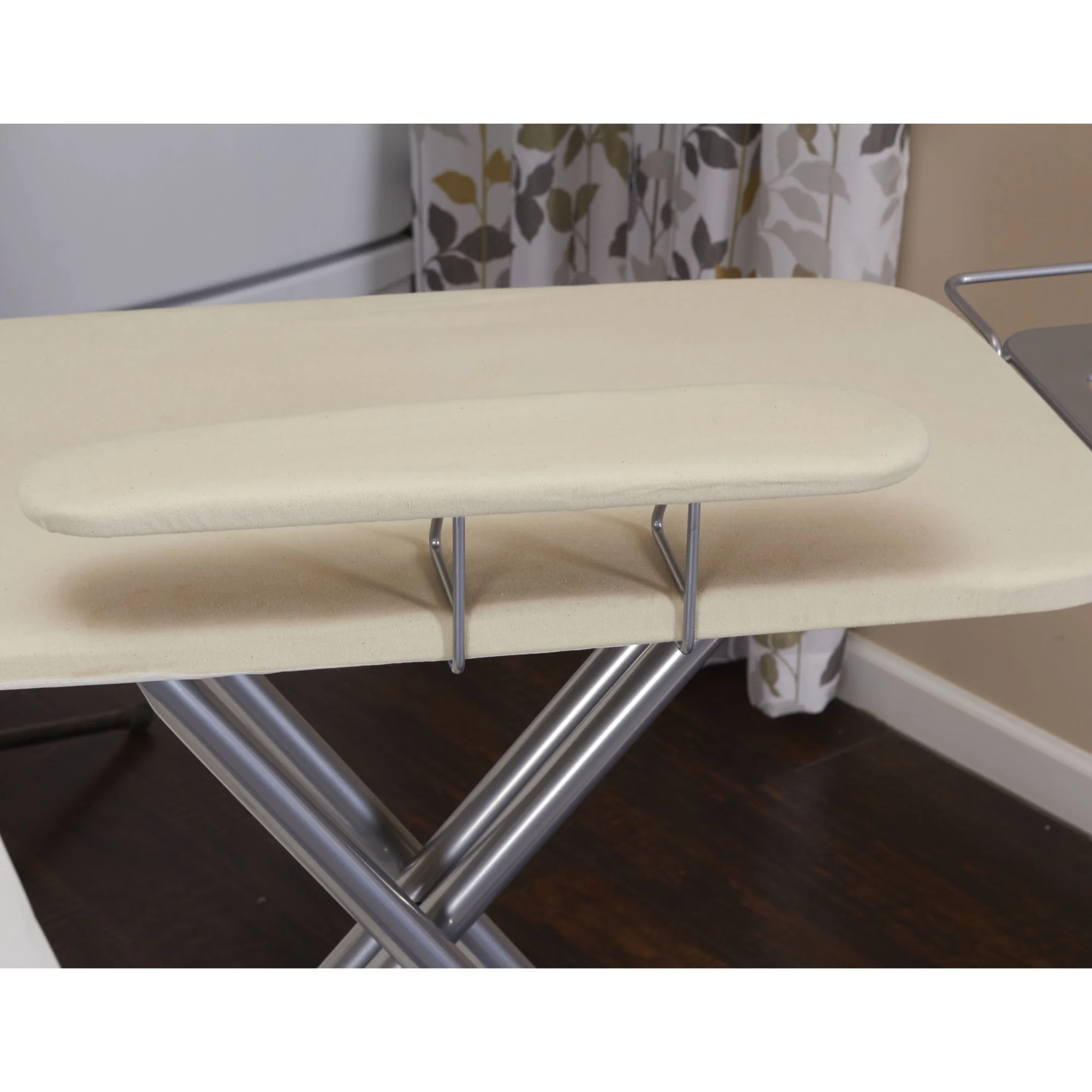 Household Essentials Wide Mega Ironing Board 4-Leg, Steel Top Pressing Station, Heat-Resistant Fiber Pad and Cotton Cover, Includes Sleeve Board and Iron Rest with Hanger Bar, Silver Frame - Image 11