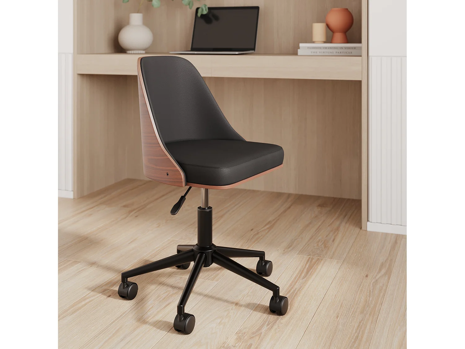 Chaise de bureau pivotante sur roulettes en bois foncé et PU noir - Georges
