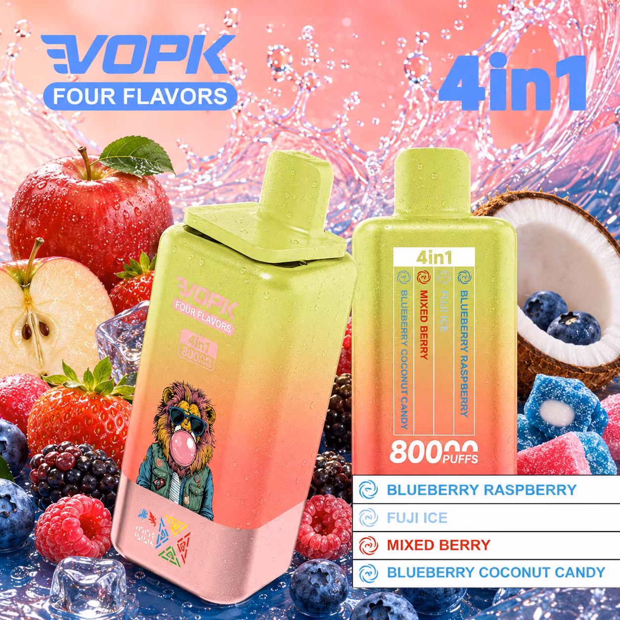 VOPK 80 000 puffów 4w1 – Lodowy Napój Energetyczny, Marakuja Kiwi Limonka, Kwaśne Jabłko Malina, Guma Balonowa