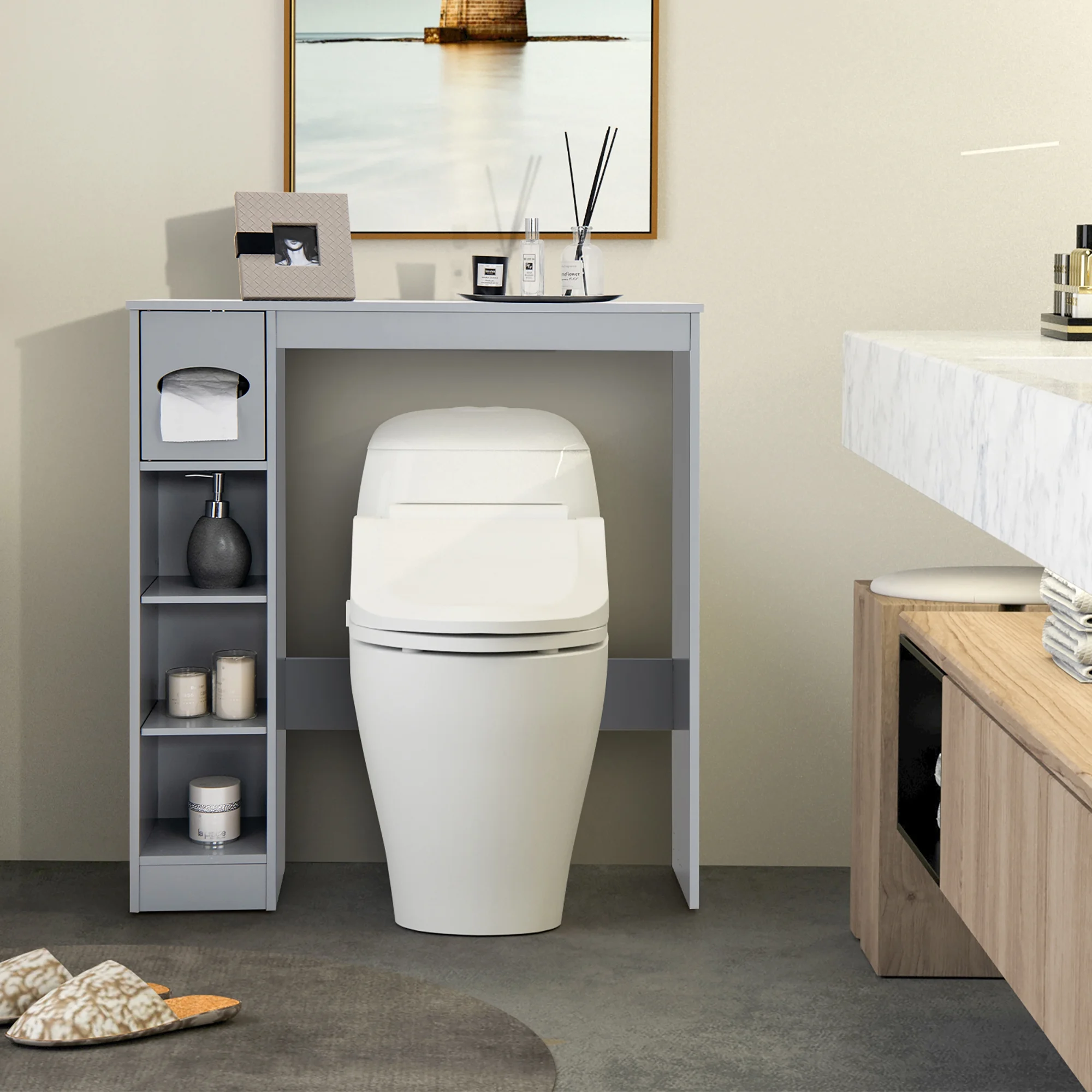 Costway Wooden Over the Toilet Storage Cabinet Bathroom Space Saver w/Paper Holder Grey