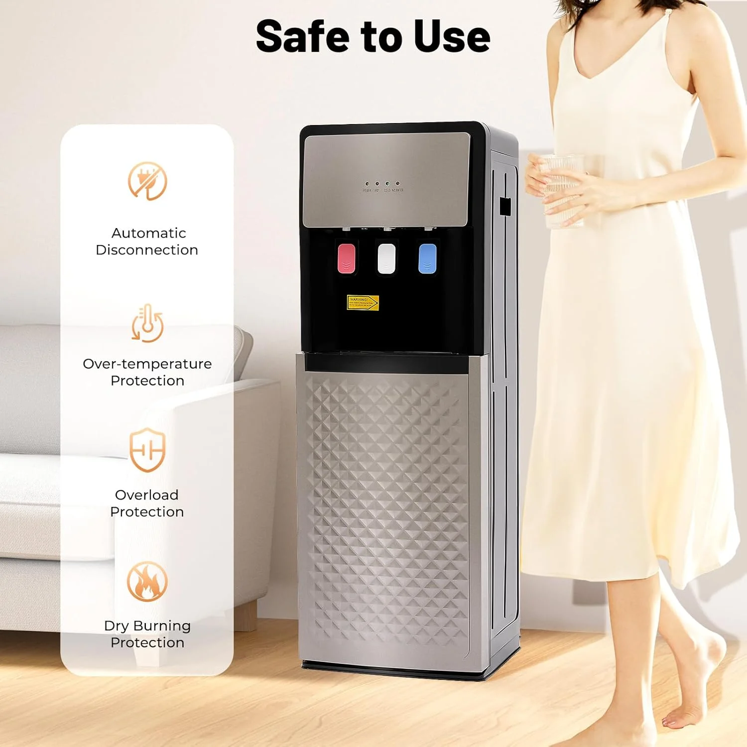 Bottom Loading Water Dispenser for 5 Gallon Bottle, 3 Temperature Settings (Hot, Room & Cold Water), 110V US Plug, 5L/H Rapid Heating, 0.53Gal/H Cooling, Anti-Scald Design for Home/Office (Grey) - Image 5