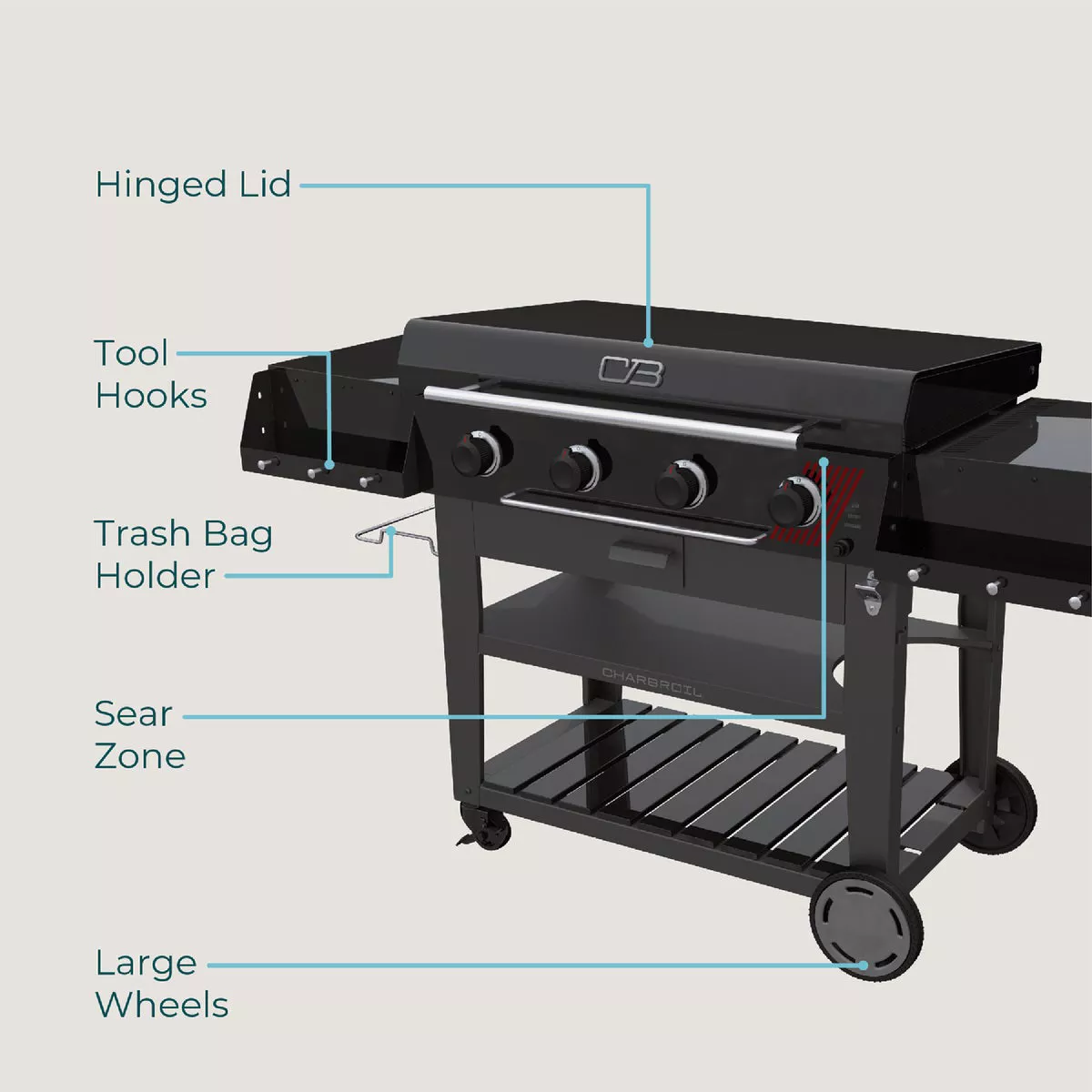 Char-Broil 36 In. Performance Series Deluxe Propane Gas Griddle with Cart 4 Burner Flat Top Grill, Black