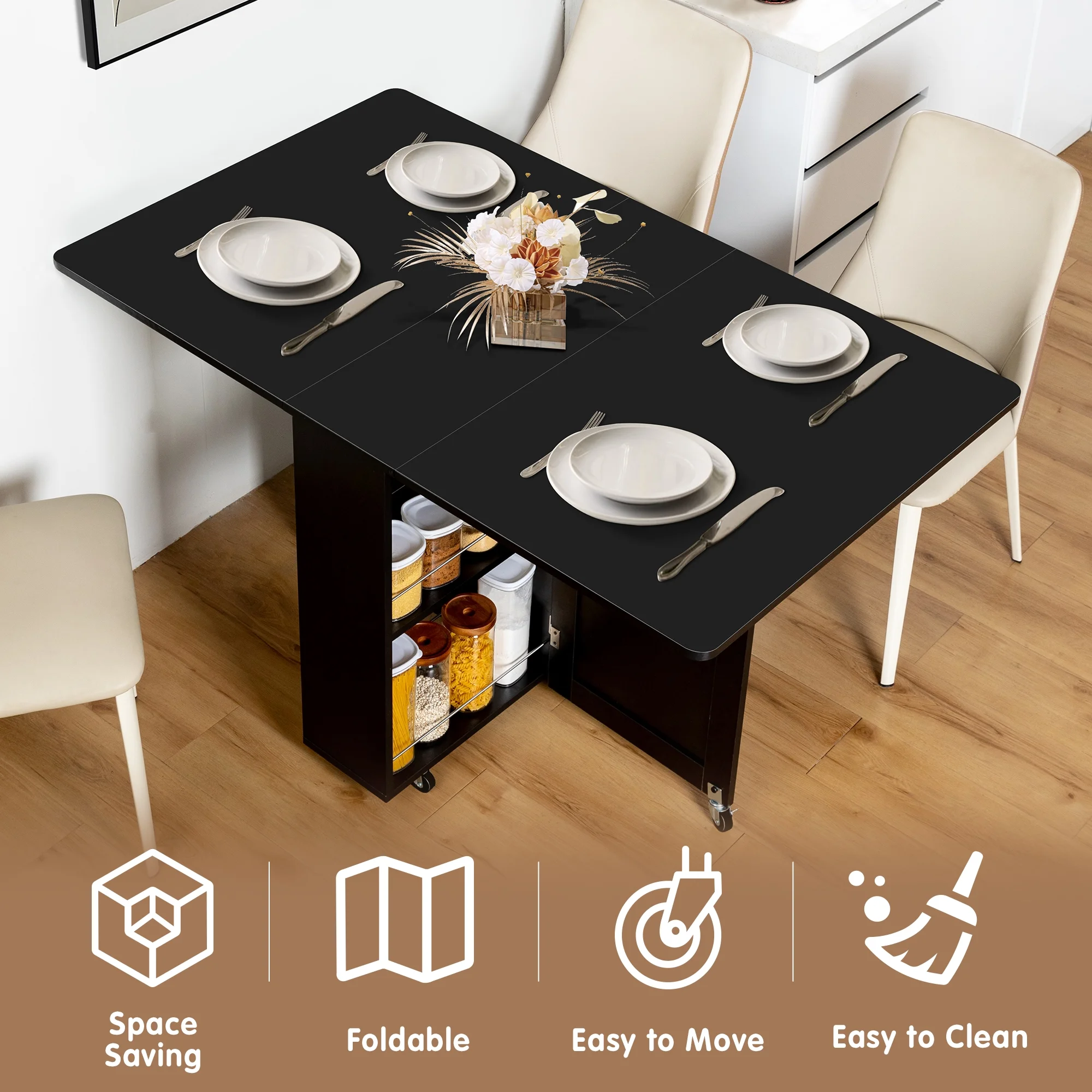 spanspace Folding Dining Table, Drop Leaf Dining Table with 6 Wheels and 2-Layer Storage Shelf, Space Saving Dining Table for Small Spaces,Folding Kitchen Table,White - Image 22