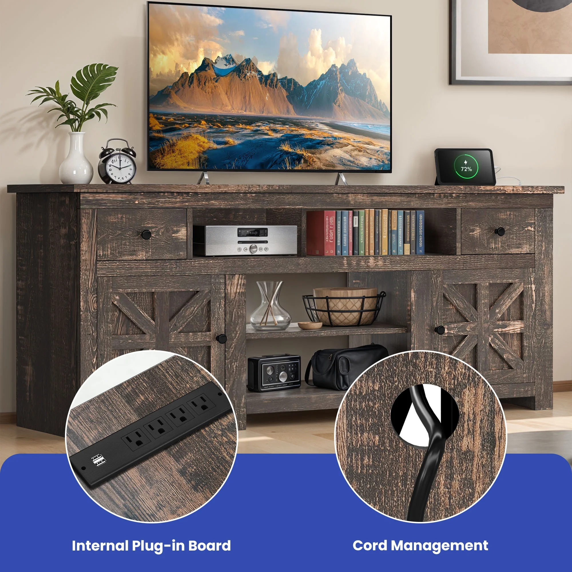 Uforic Farmhouse TV Stand for 75/80 Inch TV, Rustic Entertainment Center with Power Outlet, Storage Drawers, TV Console for Living Room, Oak - Image 6