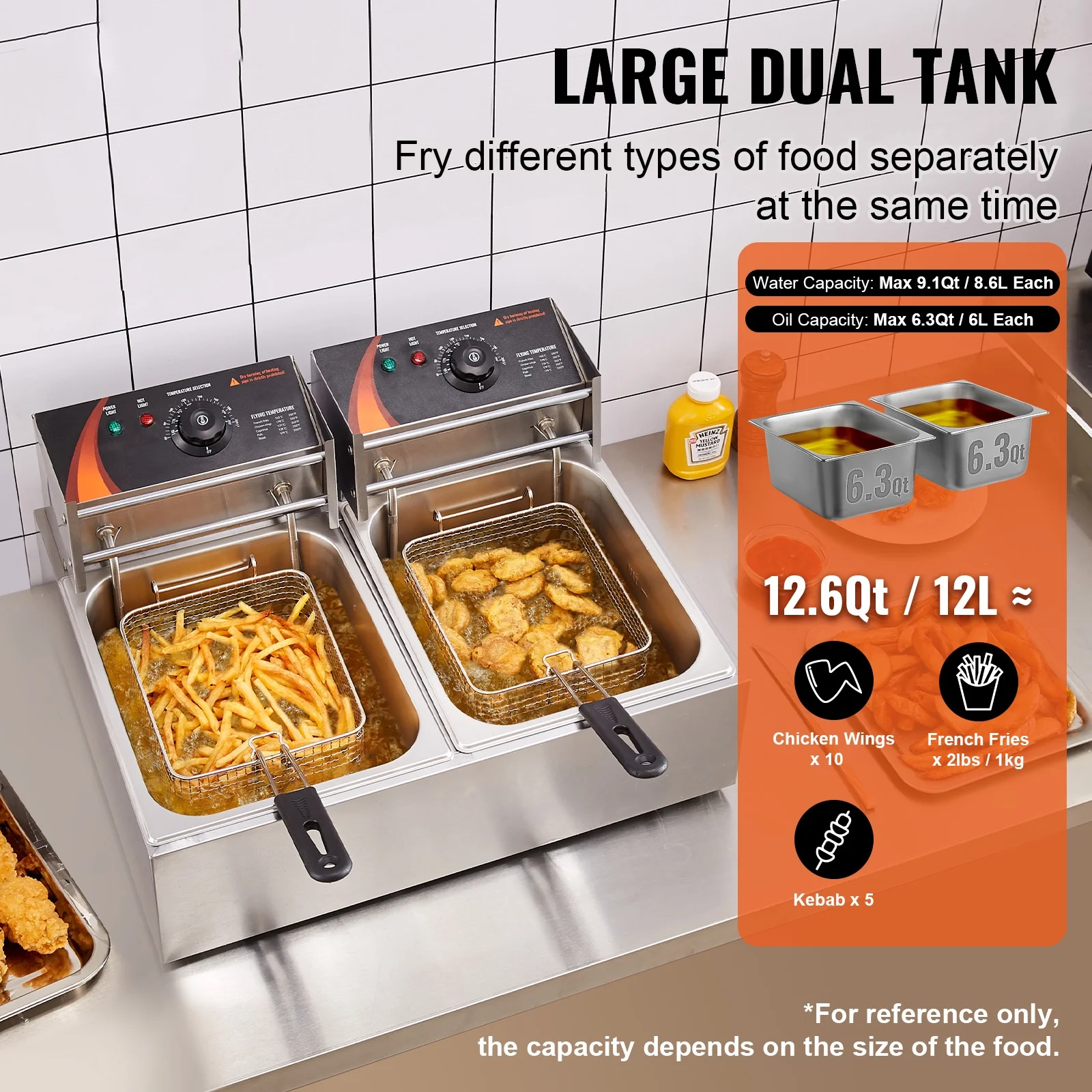 KFFKFF Commercial Dual Tank Deep Fryer, 3000W Electric Countertop Fryer with Basket, 2 x 9.1Qt/8.6L Stainless Steel Oil Fryer, featuring Temperature Control & Overheat Safety
