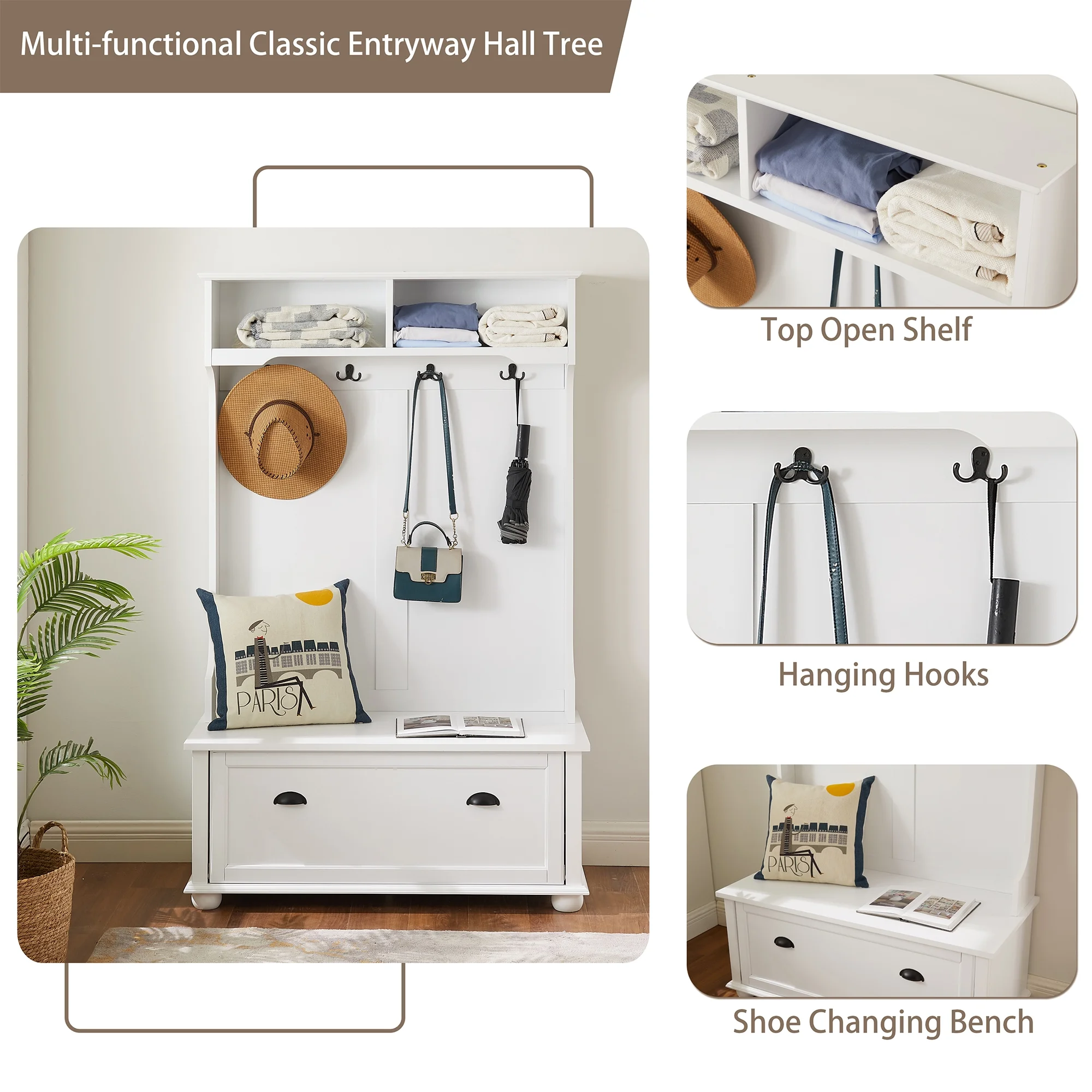 HIUU Hall Tree Storage Bench Shoe Rack for Entryway, Hall Tree with Bench and Shoe Storage, White