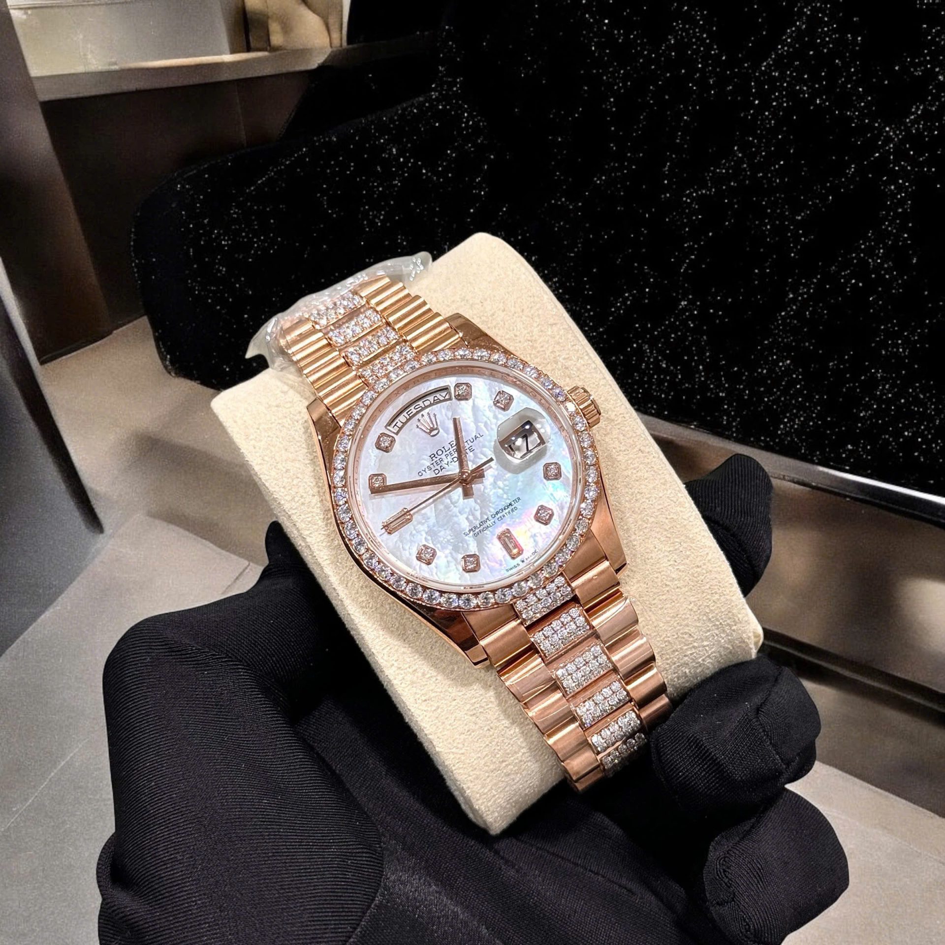 Rolex Day-Date Replica Watch Gold Wrapped Moissanite Diamonds Hong Kong 36mm - Elite Watch Atelier