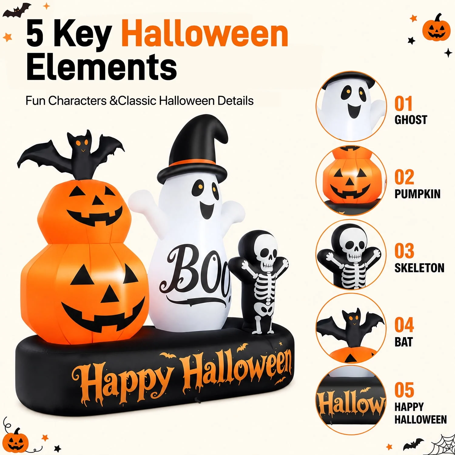 6ft Halloween Inflatable Outdoor Decorations, Lighted Pumpkin Ghost Skeleton with Bat, Built-in LED Lights, Blow Up Halloween Yard Decoration for Lawn, Porch & Party - Image 6 6ft Halloween Inflatable Outdoor Decorations, Lighted Pumpkin Ghost Skeleton with Bat, Built-in LED Lights, Blow Up Halloween Yard Decoration for Lawn, Porch & Party - Image 6