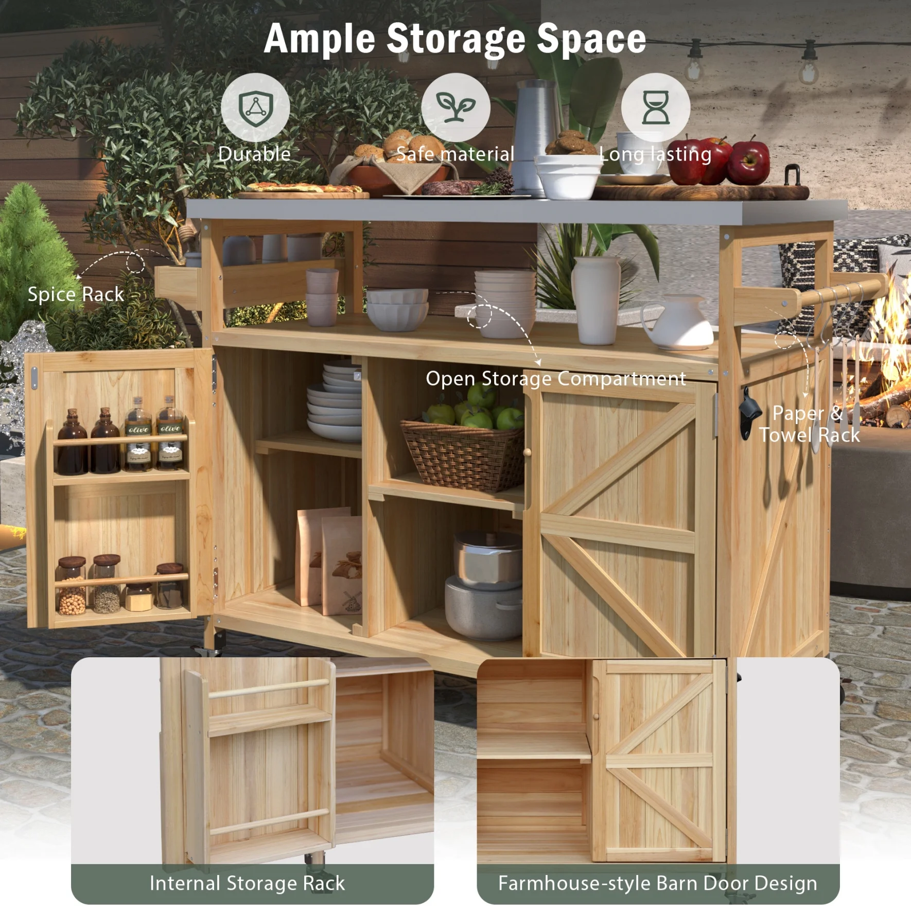 Outdoor Kitchen Island with Rolling Bar Cart and Storage Cabinet, Farmhouse Solid Wood Outdoor Grill Table with Stainless Steel Top, Spice Rack and Towel Rack for Kitchen & BBQ, Natural