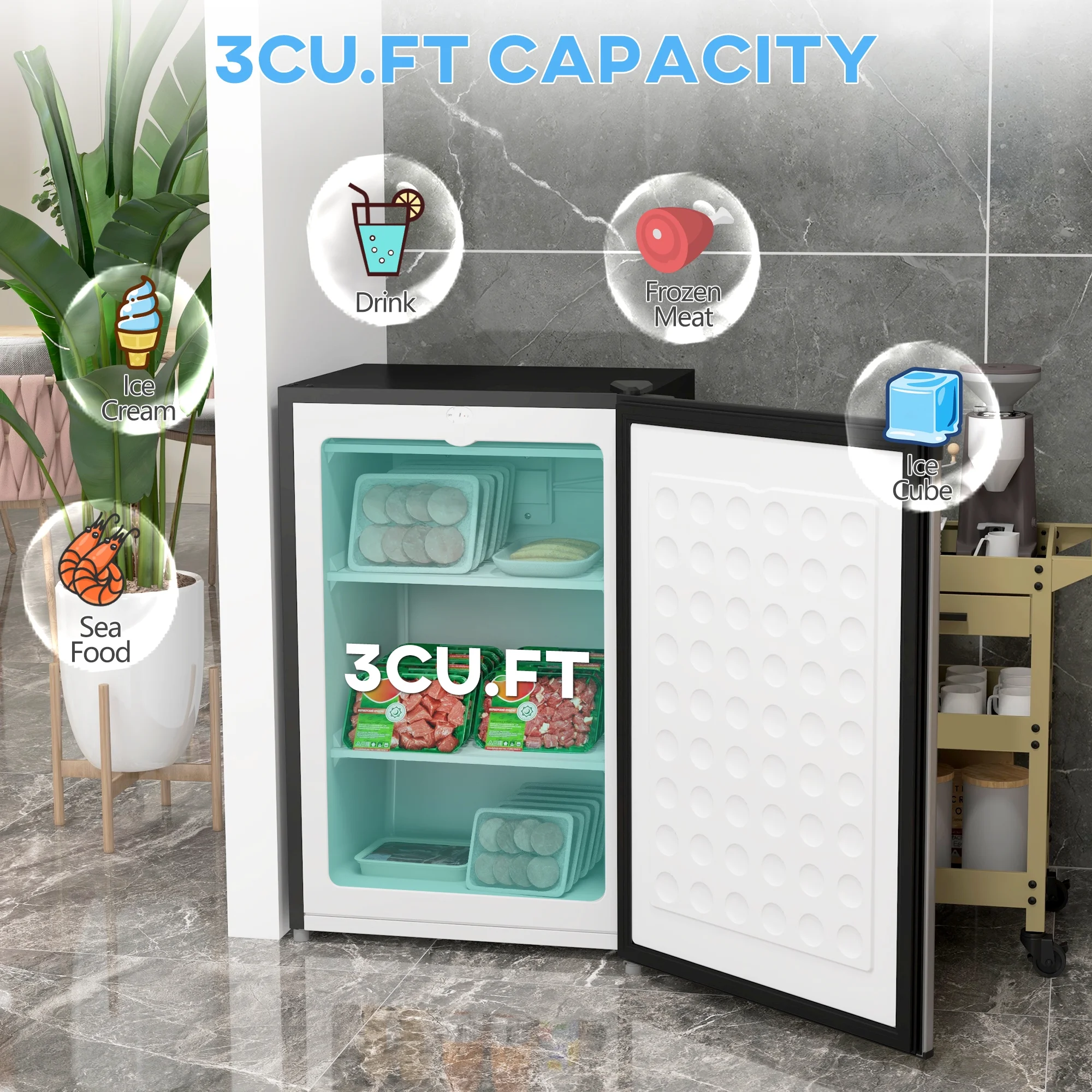 Upright Freezer, 3.0 Cubic Feet Compact Mini Freezer with Reversible Single Door and Adjustable Thermostat, Small freezer for Home, Dorm, Apartment, Home Office, Silver