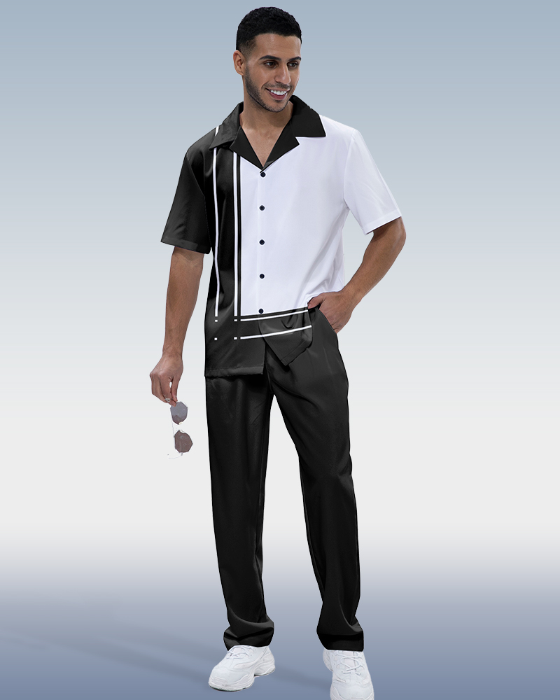 Black Panel Print Short Sleeve Walking Suit