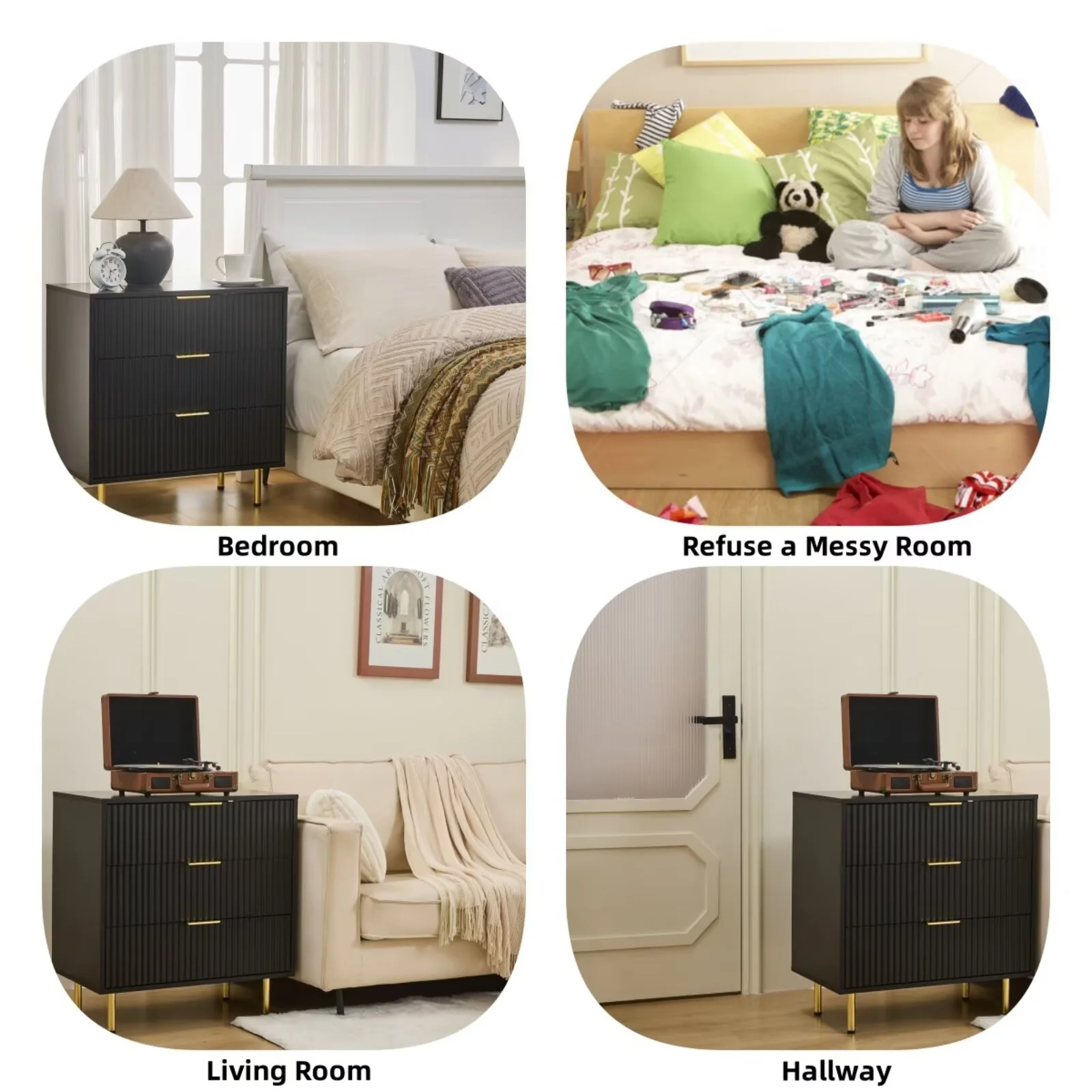 HRYJ White Large 3 Drawers Nightstand Dresser Fluted Wood Night Stand Bedside Table for Bedroom - Image 10