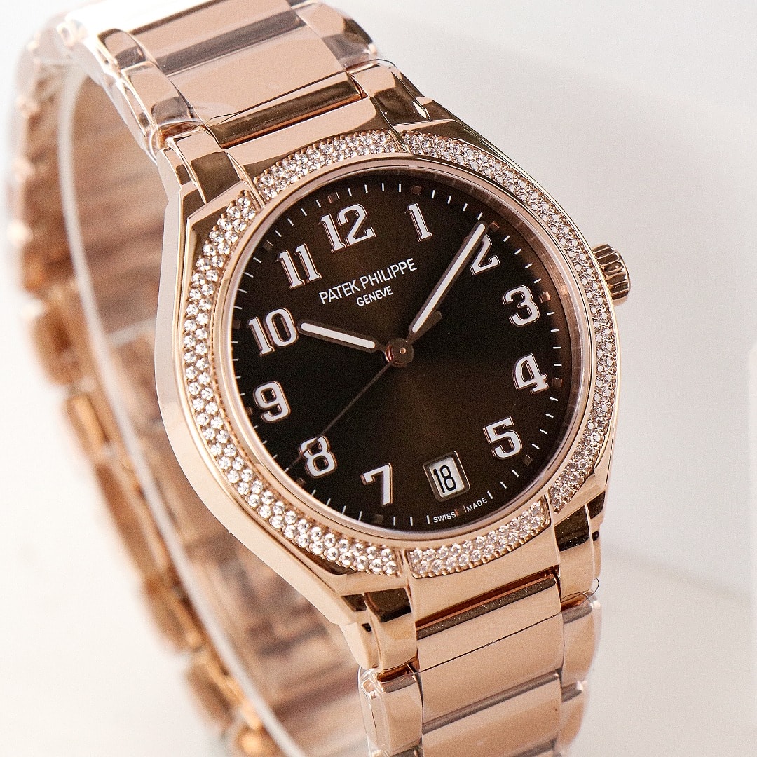 Fake Diamond Watch Replica Patek Philippe Twenty~4 Ladies Rose Gold Brown Sunburst 7300/1200R-001(1:1 replica) - Top club