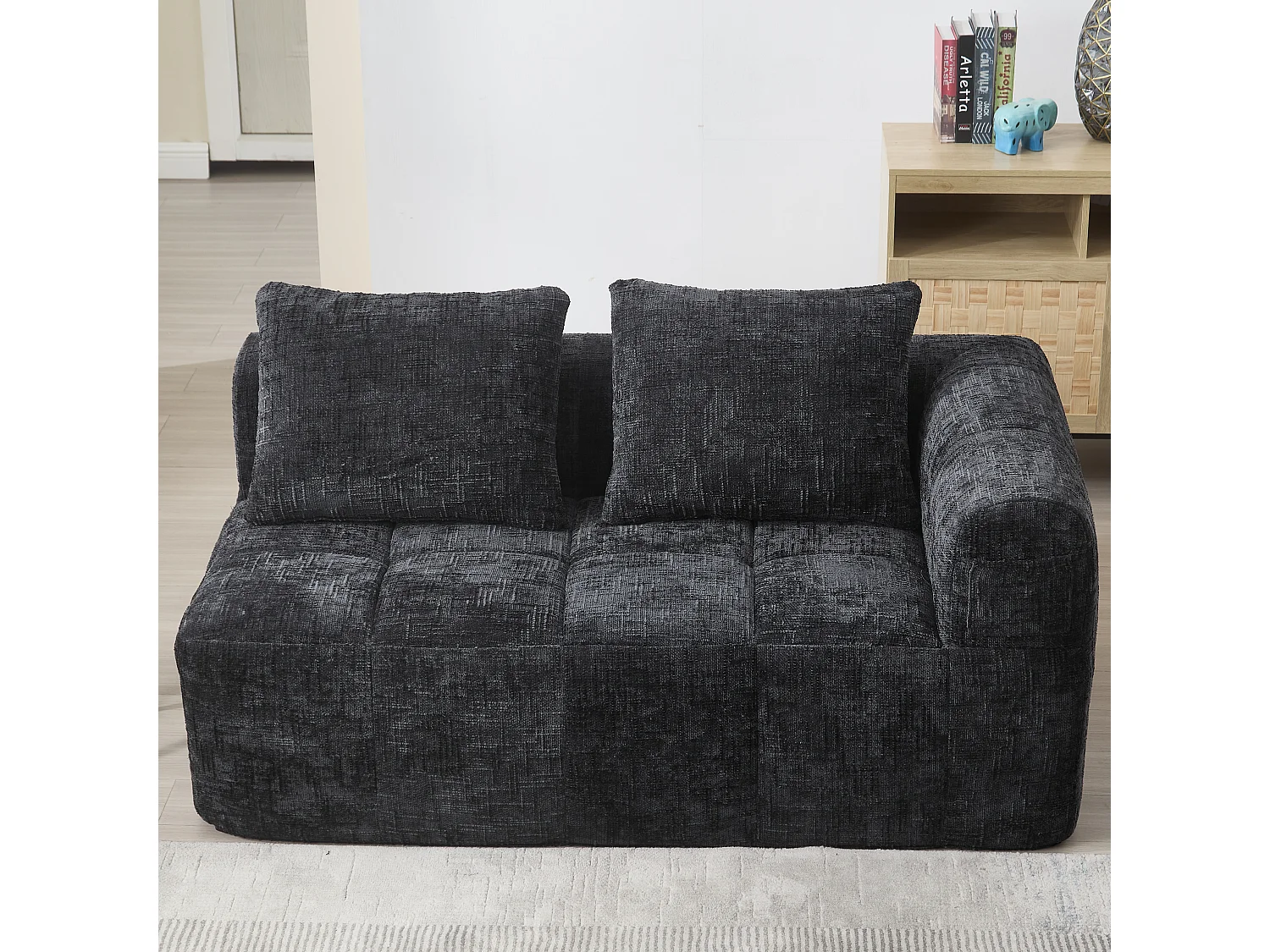 Méridienne gauche 2 places en chenille noir avec 2 coussins, Rembourrage Moelleux - 158x90x60cm
