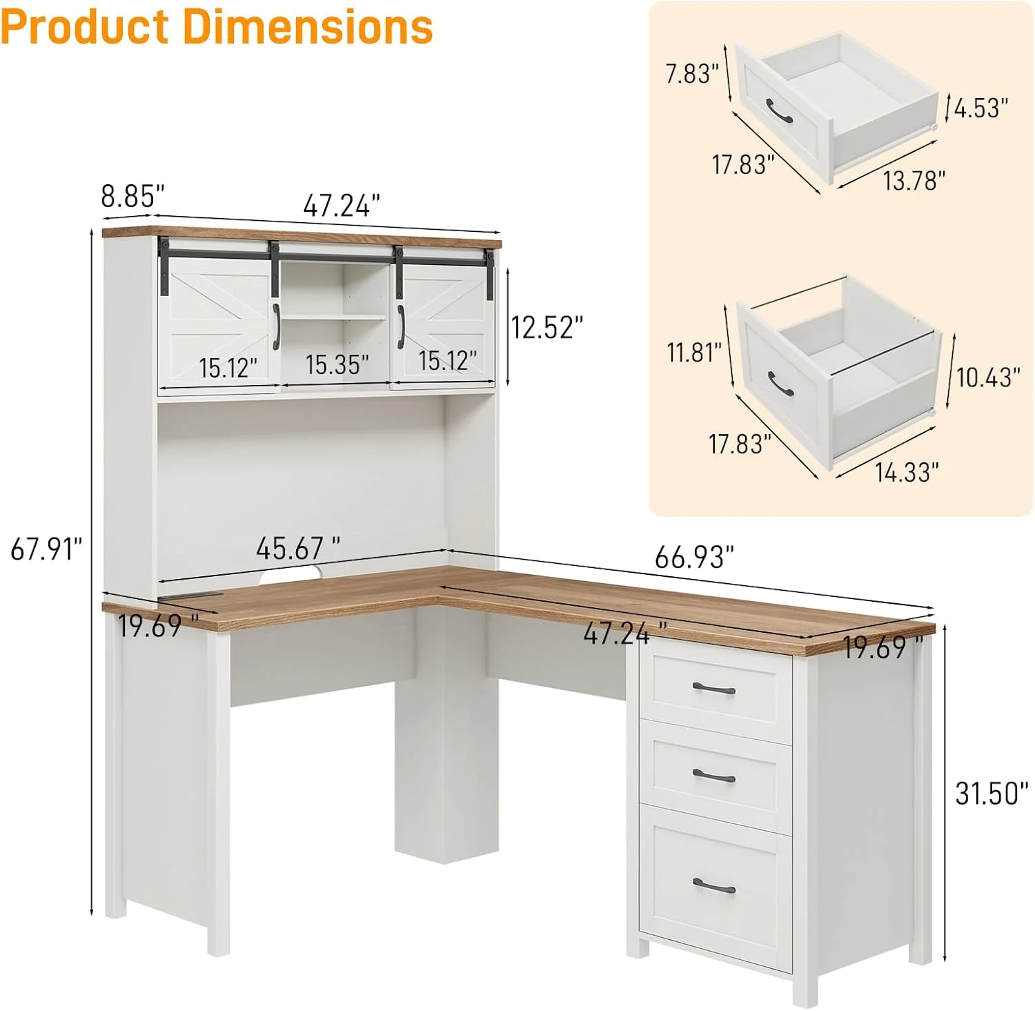 Vabches 68" H L Shaped Desk and Hutch with Storage, Office Desk with Drawers, Charging Station, Sliding Doors, Unique White - Image 6