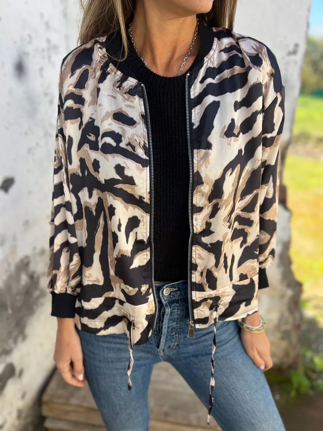 Full Size Zip Up Zebra Print Bomber Jacket Plus Size - ZKZOOK