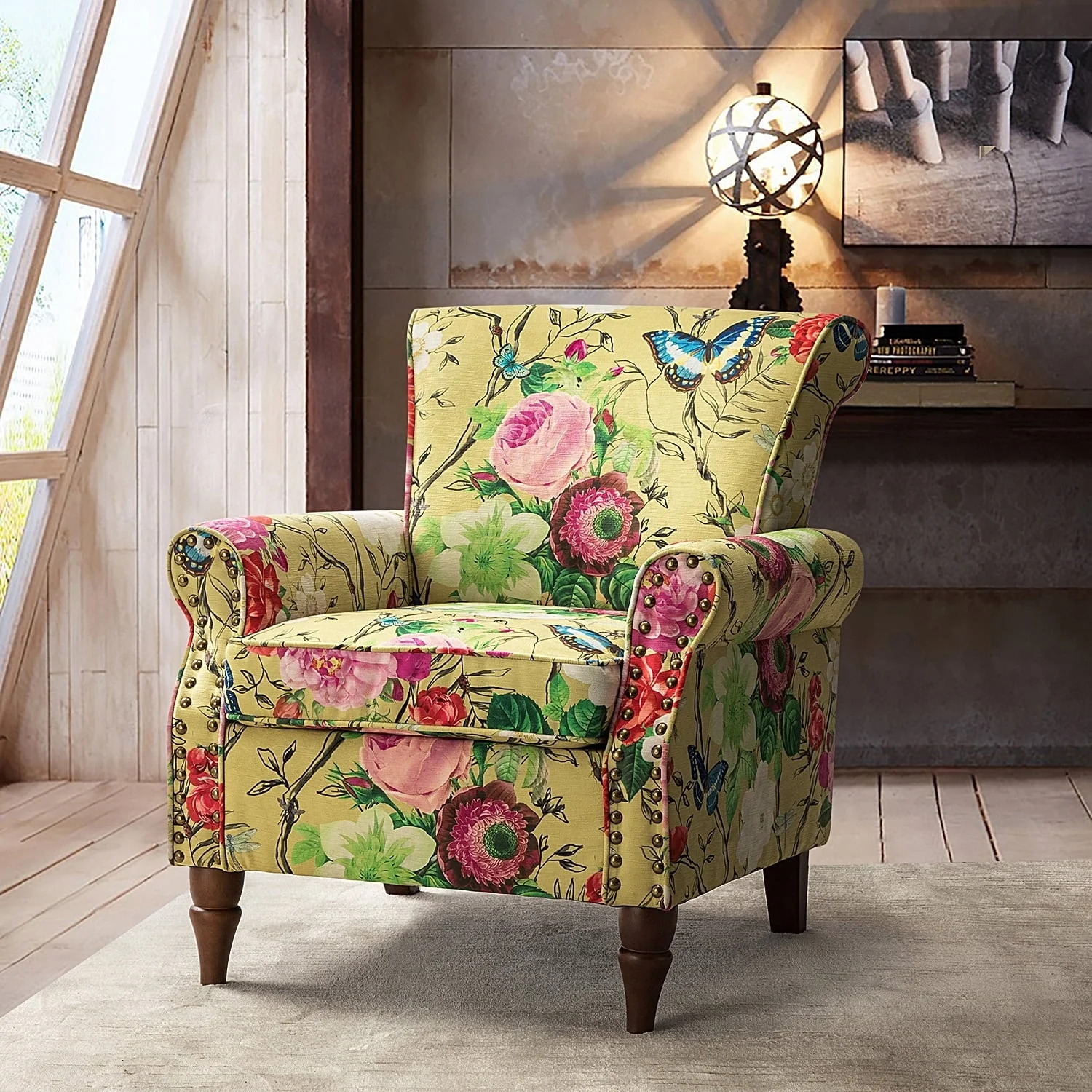 14 Karat Home Wingback Accent Chair Removable Cushion Floral Upholstered Sofa Armchair Couch Wood Legs Nailhead Trim Mustard - Image 4