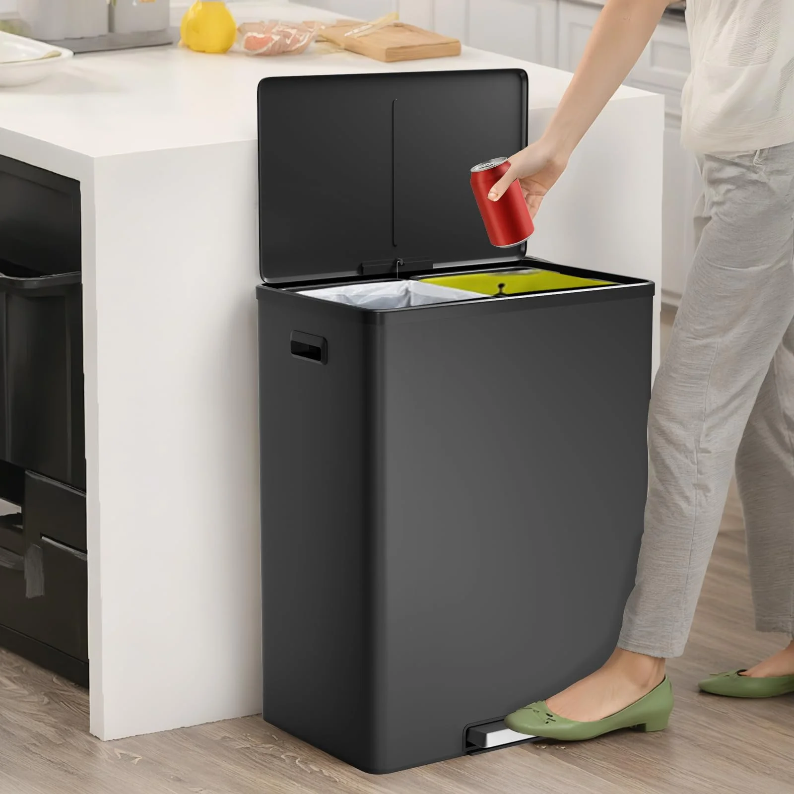JoanKaren 16 Gallon Stainless Steel Dual Compartment Step Kitchen Trash Can with Lid & 2 Removable Wastebaskets,Kitchen Garbage Can & Recycling Bin,Black - Image 8