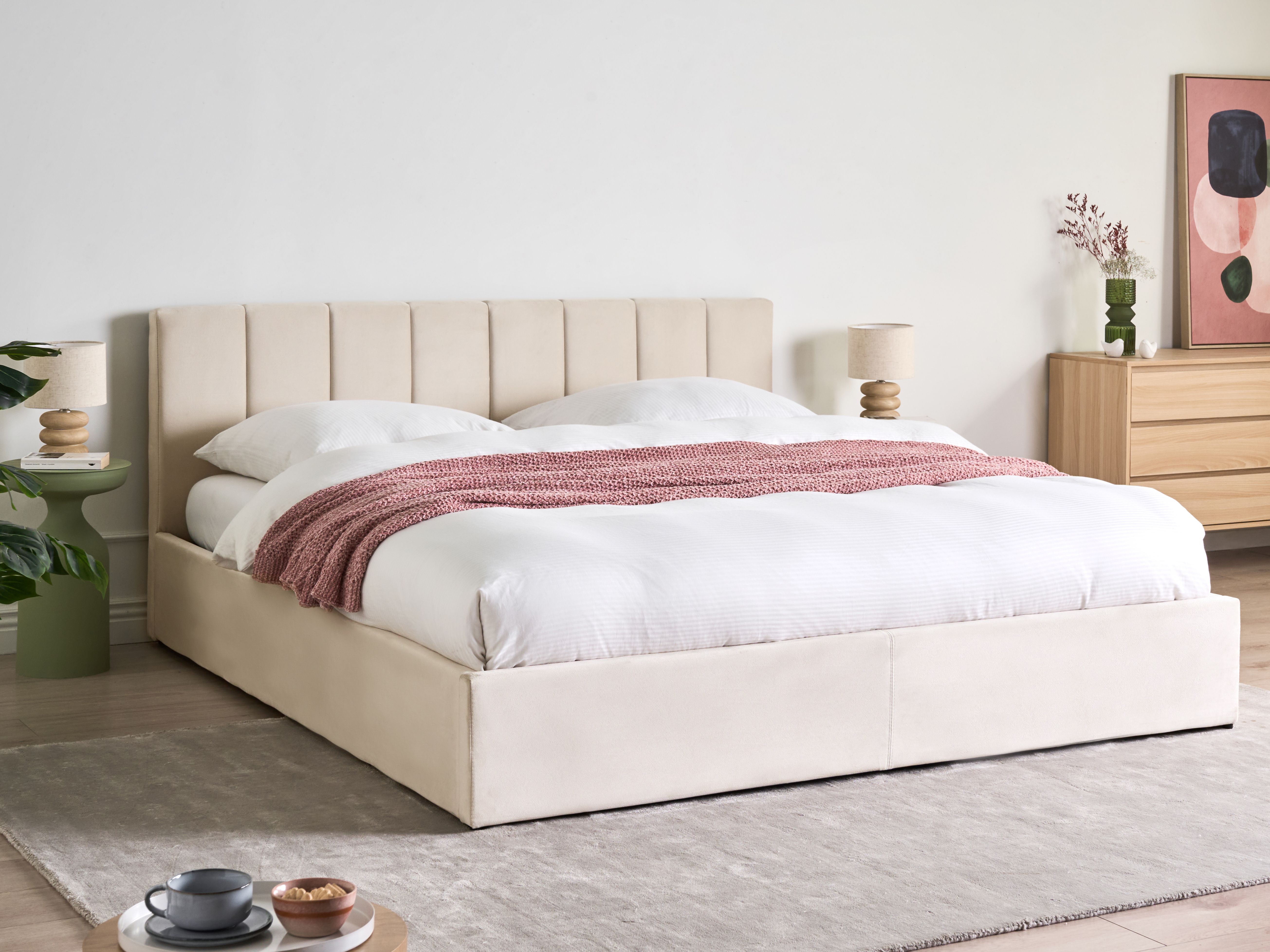 Ottoman Bed Velvet DREUX 180 x 200 cm (EU Super King) Light Beige