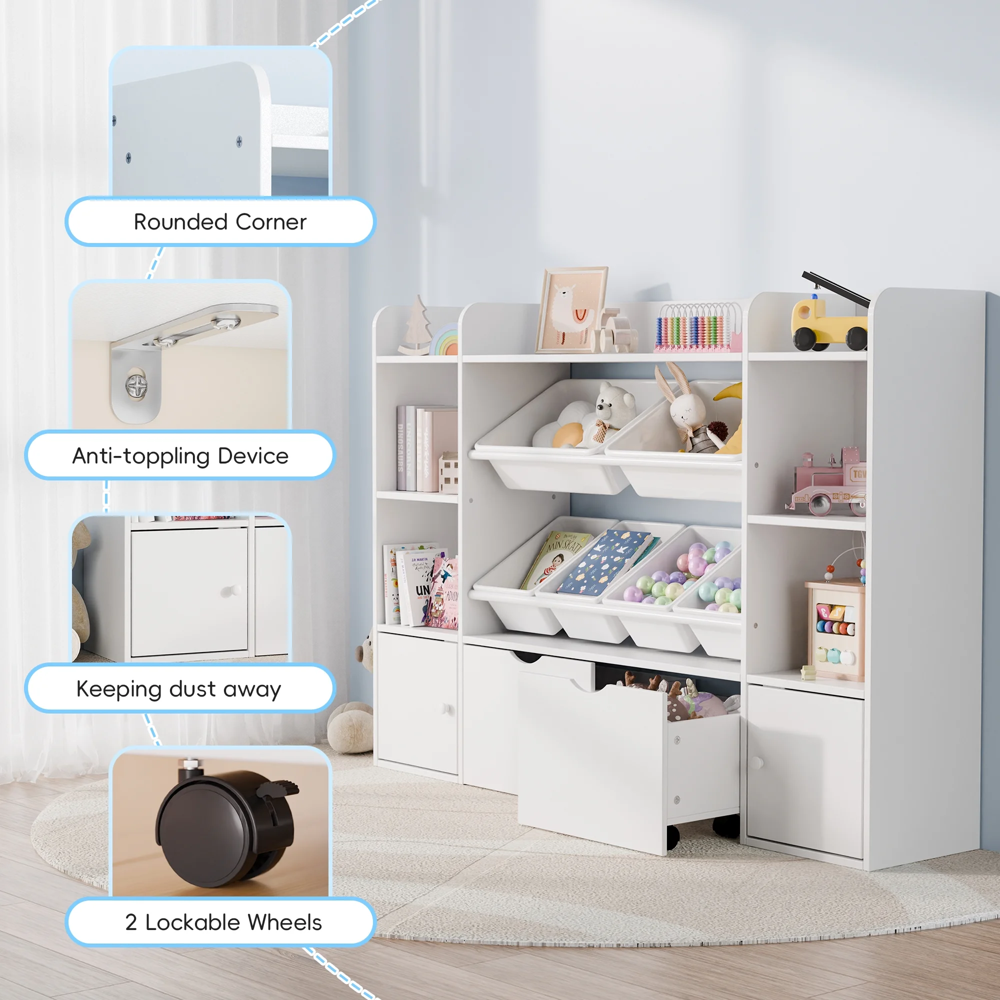 Reasea 6-Bin Toy Storage Organizer for Kids �C 4-Tier Bookshelf with 6 Removable Cubbies & 2 Movable Drawers, Kids Toy Shelf for Playroom, Bedroom�C White