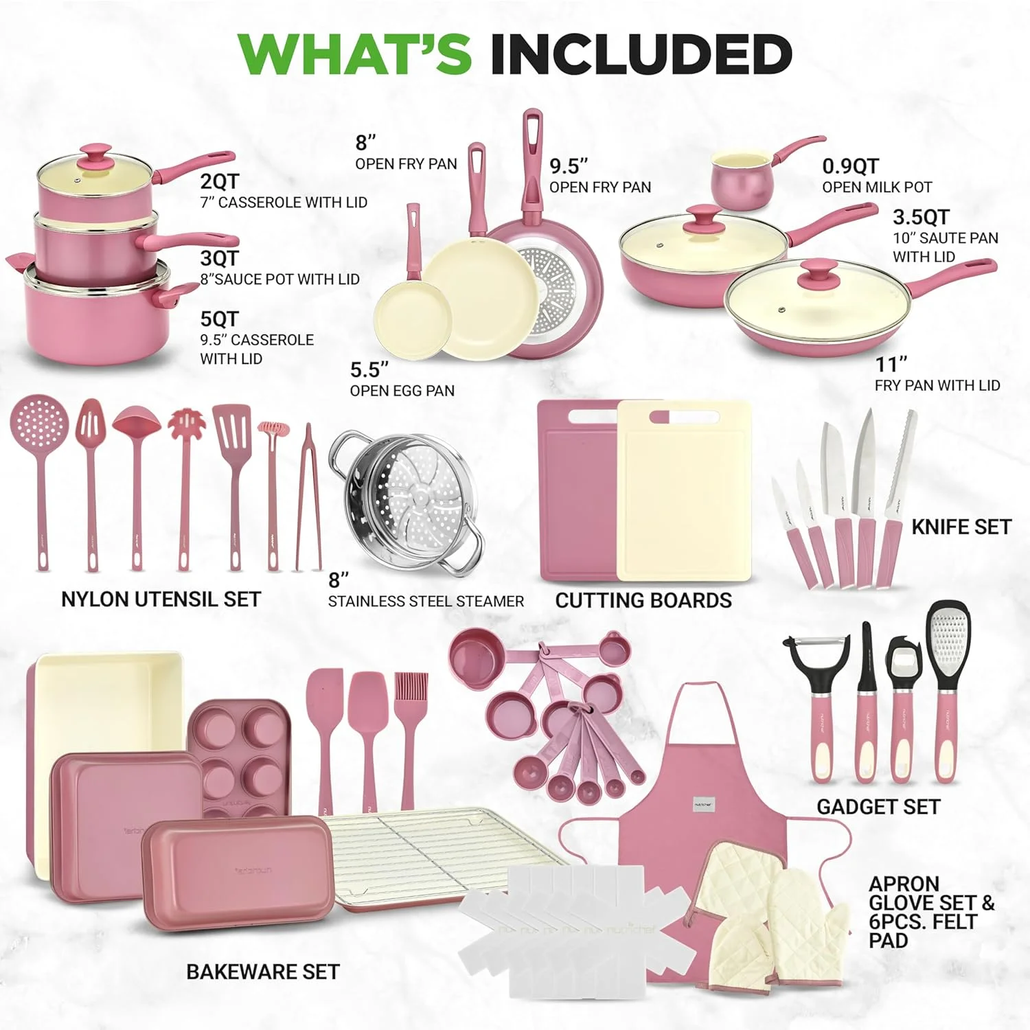 54-Piece Kitchen Cookware Set �C Complete Non-Stick Ceramic Pots and Pans Set with Utensils, Bakeware, and Knife Set, Gas, Electric & Induction Compatible, Blush Pink Kitchen Essentials - Image 16