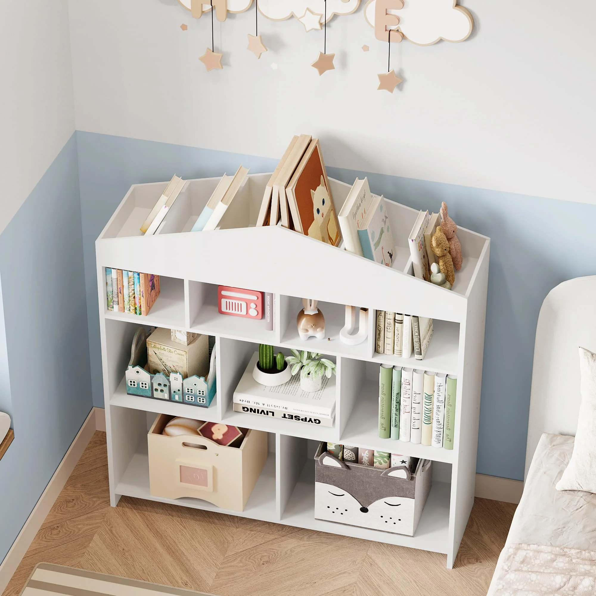 DSstyles Kids Bookshelf 9-Cubby Toy Storage Organizer White Bookcase Toddlers Playhouse Cabinet Shelf for Boys Girls Wooden Storage Toy Shelf for Playroom, Nursery, Kids Room - Image 4