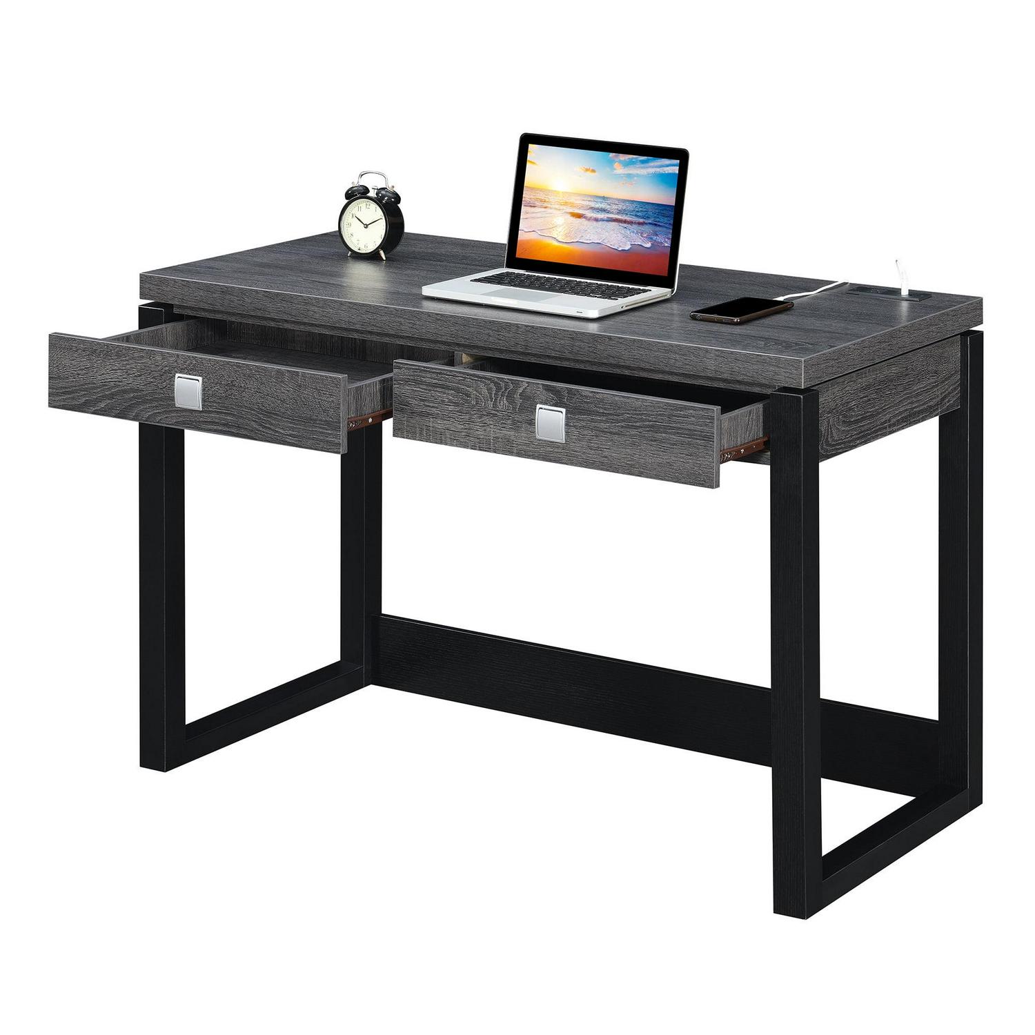 Convenience Concepts Newport 30.75 in. 2 Drawer Desk with Charging Station. Weathered Gray/Black