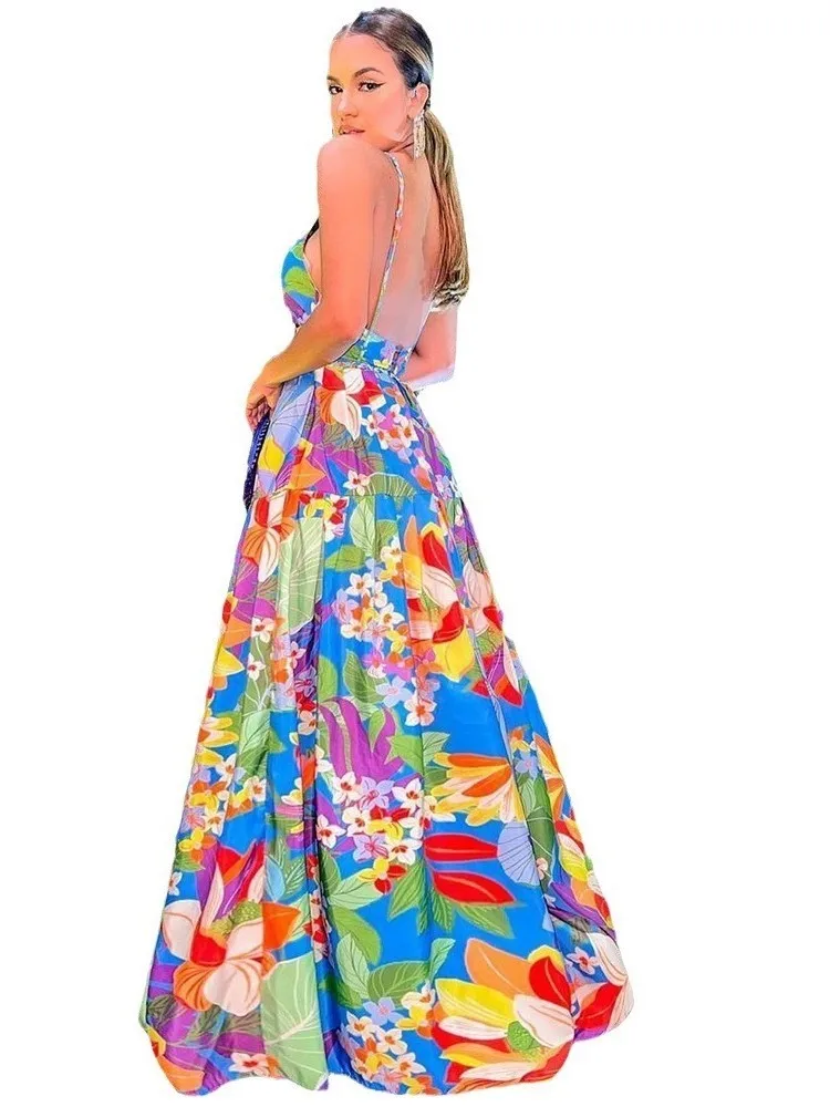Color Flower Print Spaghetti Strap Evening Dresses Women Temperament Sexy V-neck Backless Beach Vacation Party Long Dress Female - AZJHJ