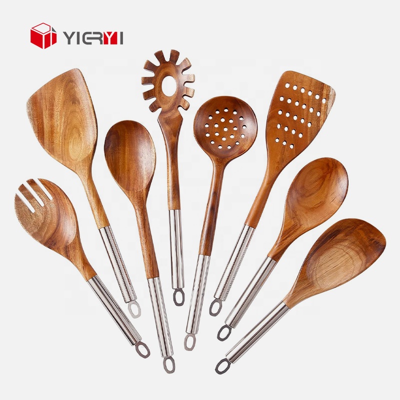 8 Piece Wood Cooking Kitchen Camping Utensil Set With Stainless Steel Holder