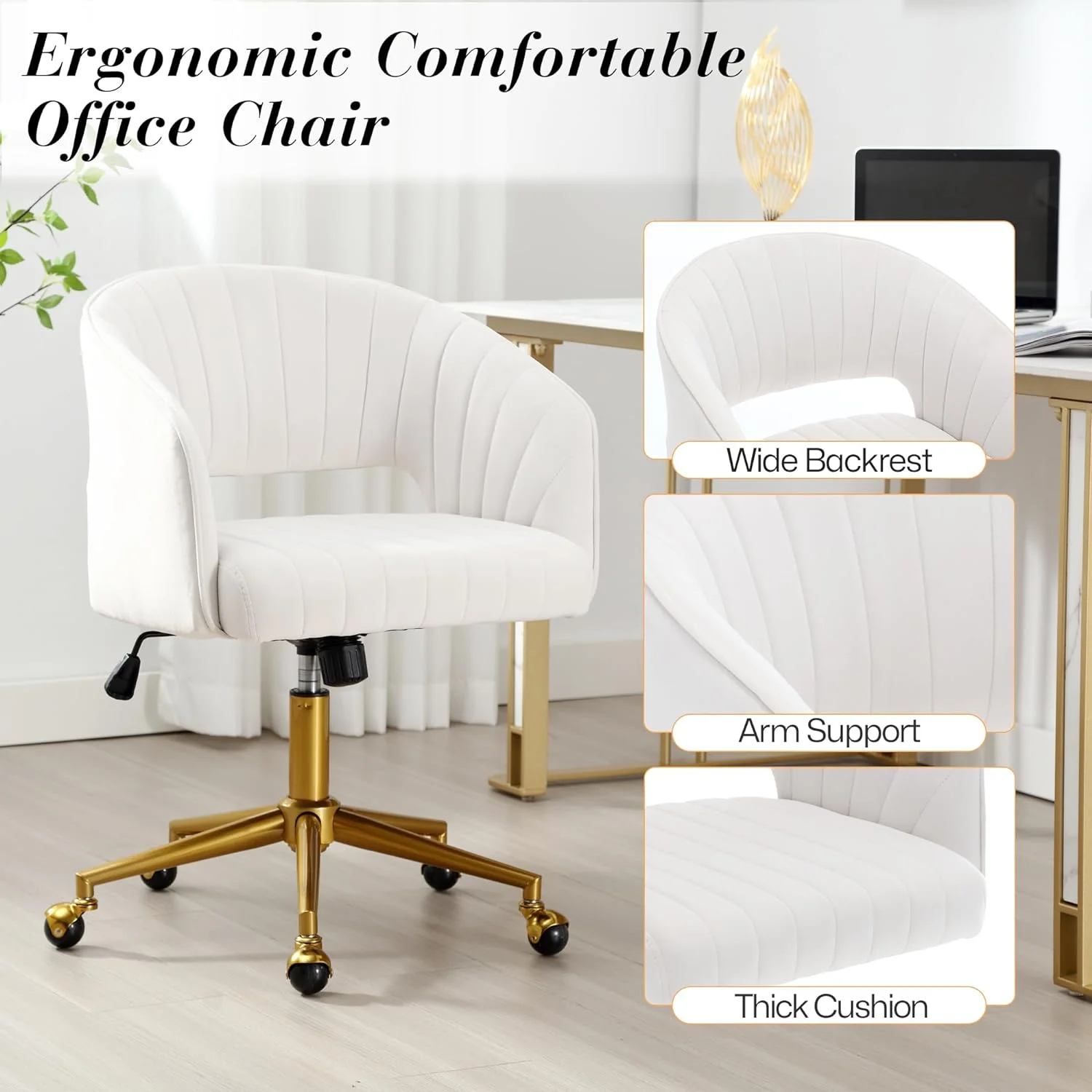 Home Office Swivel Desk Chair, Modern Velvet Vanity Chair, Height Adjustable Armchair with Gold Base, Ergonomic Office Chair for Task Study Computer Room, Beige - Image 7